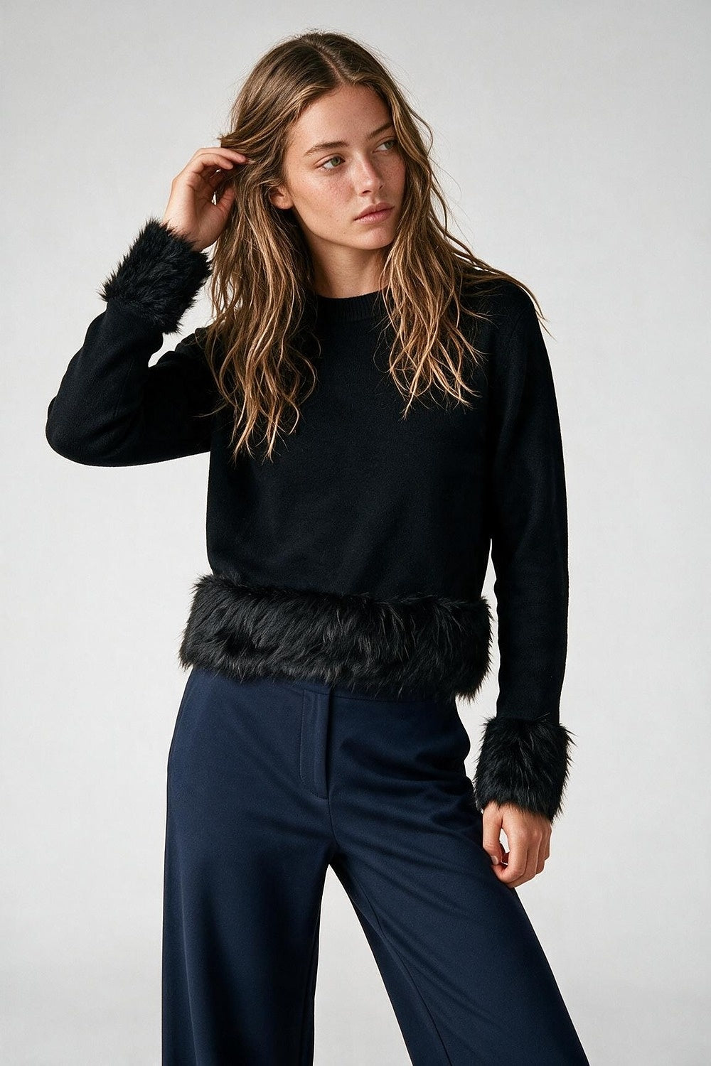 Black Soft Knit Faux Fur Trim Cropped Sweater - Jumpers