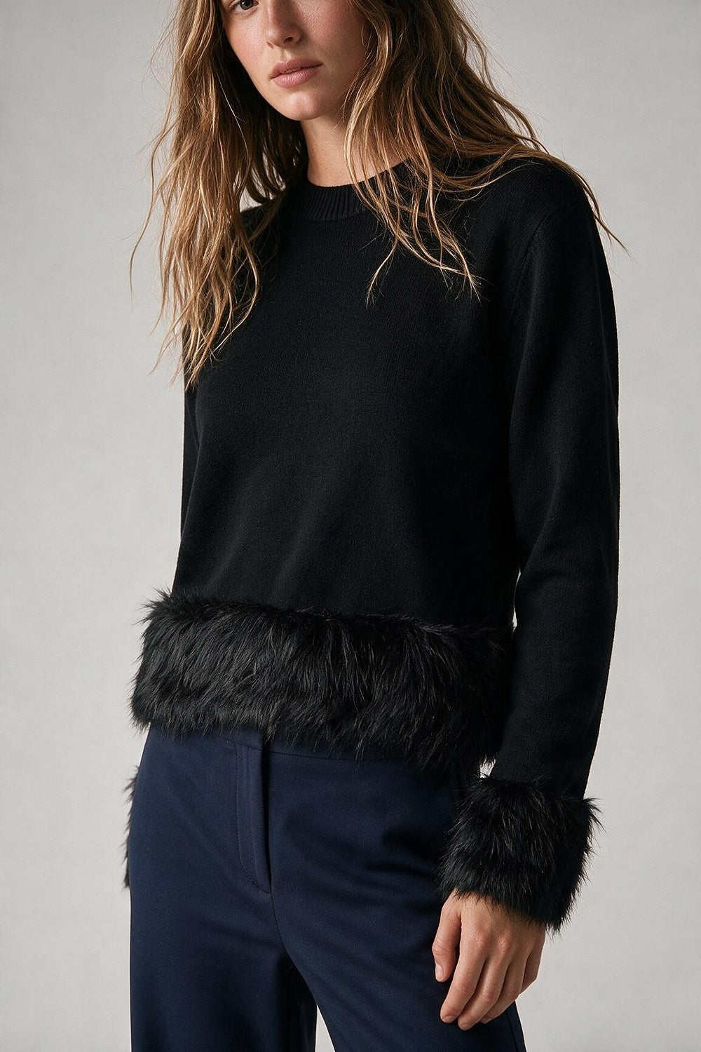 Black Soft Knit Faux Fur Trim Cropped Sweater - Jumpers