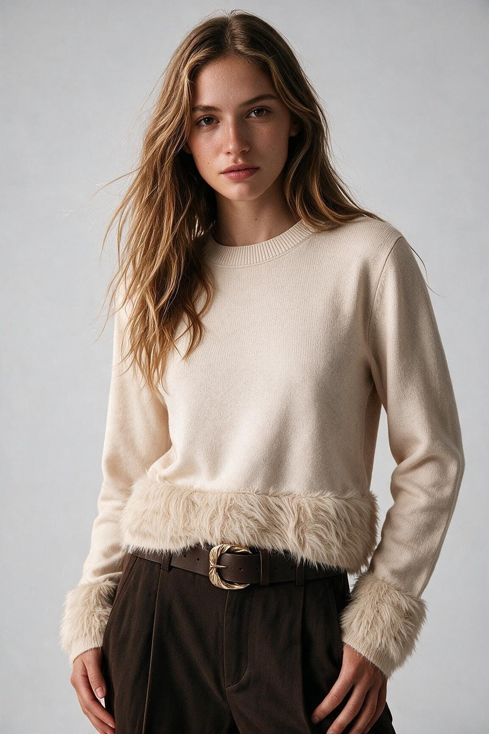 Cream Fine Knit Faux Fur Trim Cropped Sweater - Jumpers