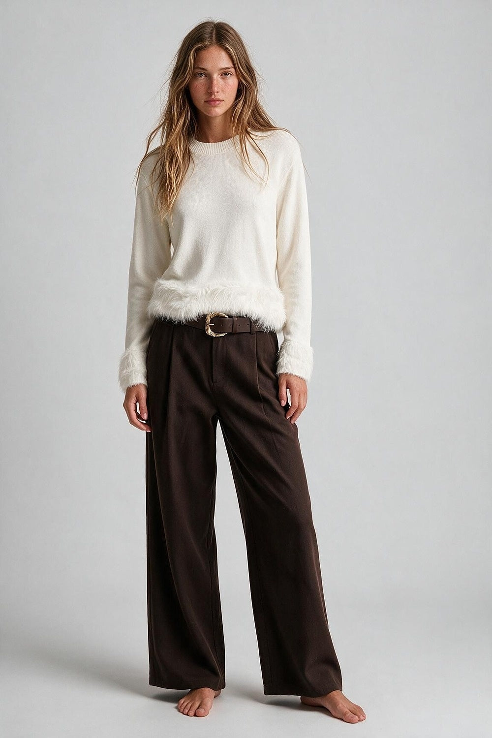 Cream Fine Knit Faux Fur Trim Crew Neck Sweater - Jumpers