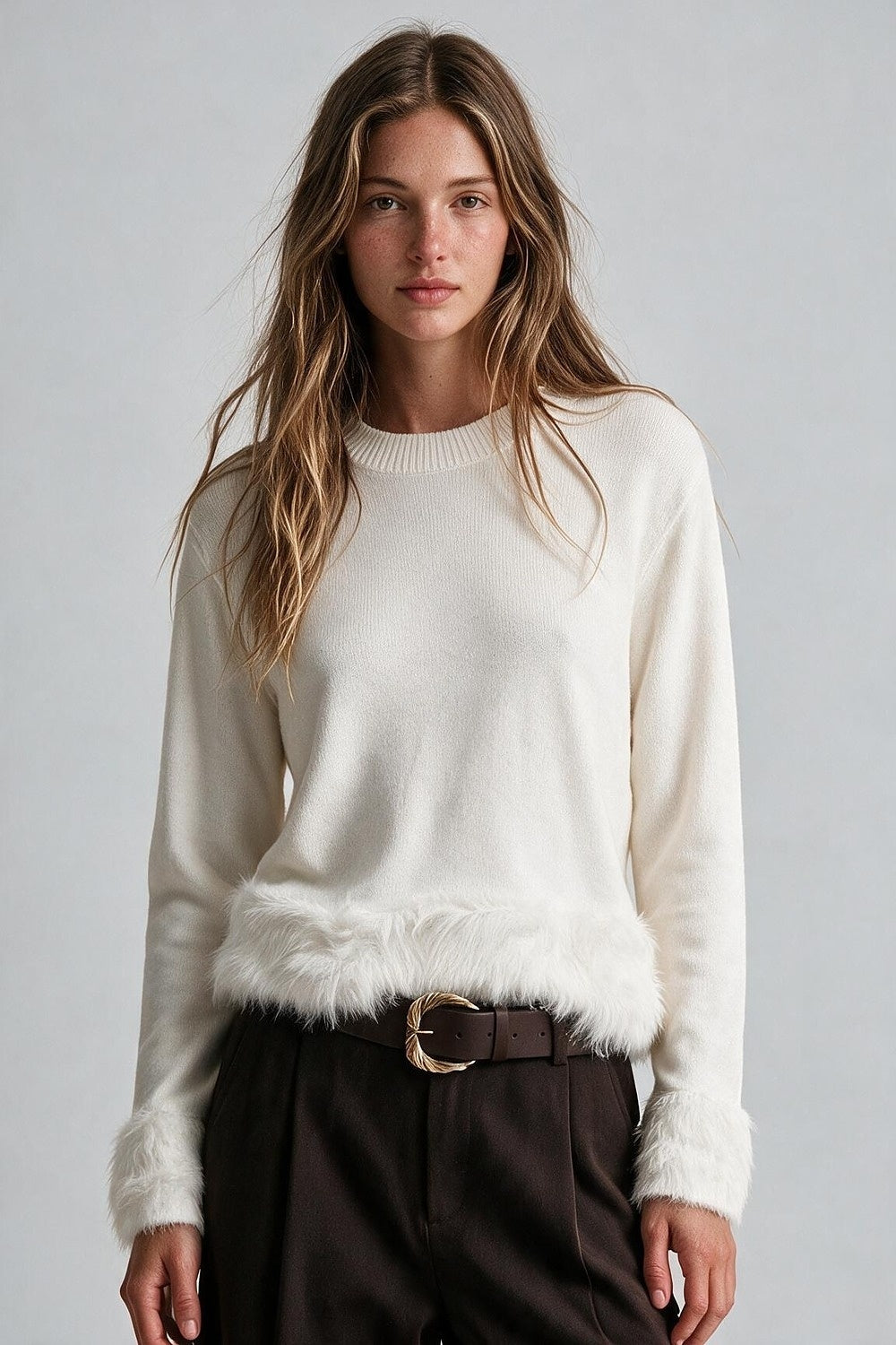 Cream Fine Knit Faux Fur Trim Crew Neck Sweater - Jumpers