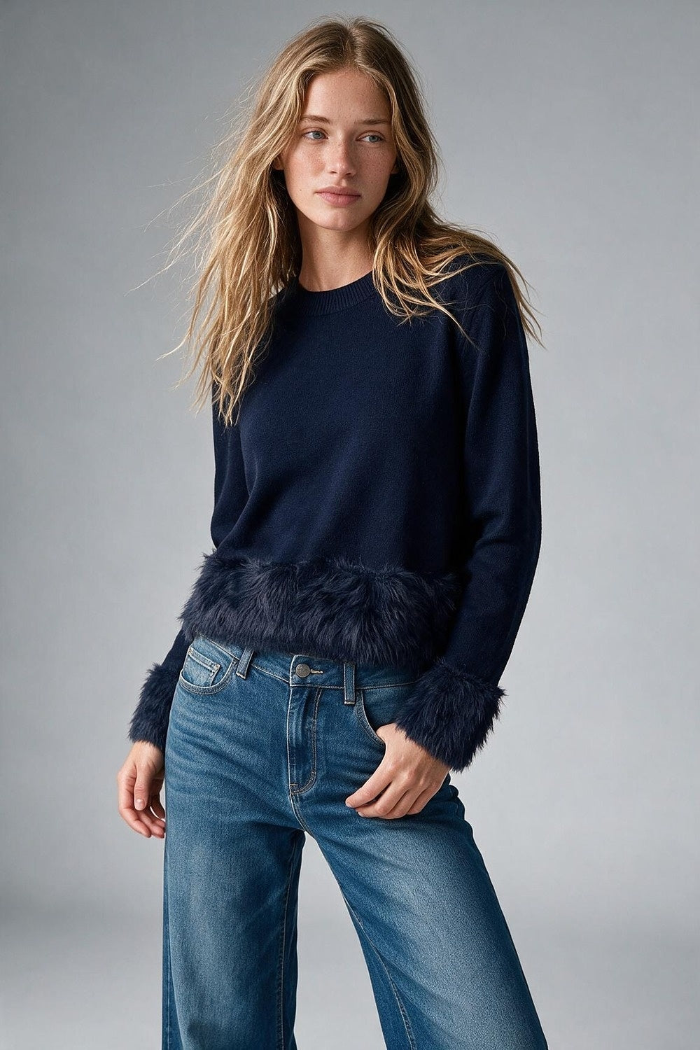 Navy Fine Knit Crew Neck Faux Fur Trim Cropped Sweater - Jumpers