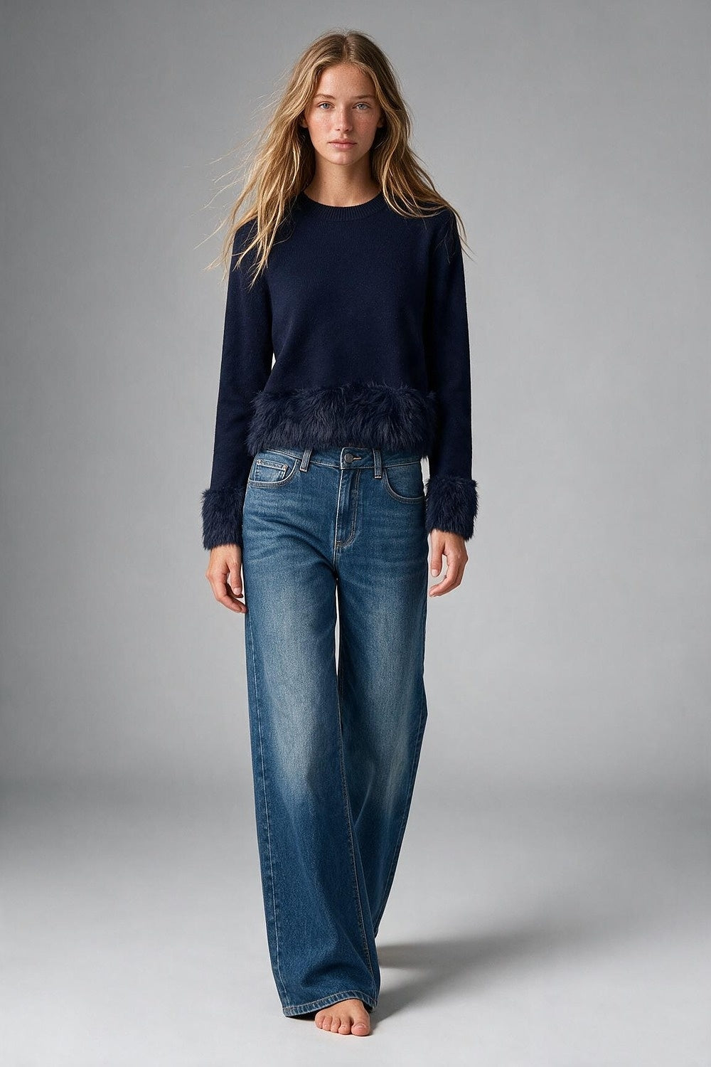 Navy Fine Knit Crew Neck Faux Fur Trim Cropped Sweater - Jumpers