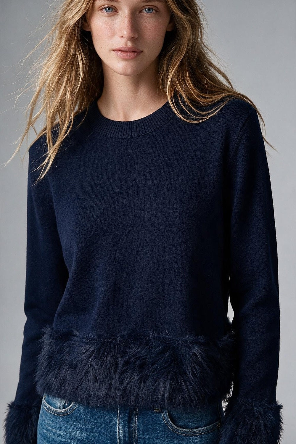 Navy Fine Knit Crew Neck Faux Fur Trim Cropped Sweater - Jumpers