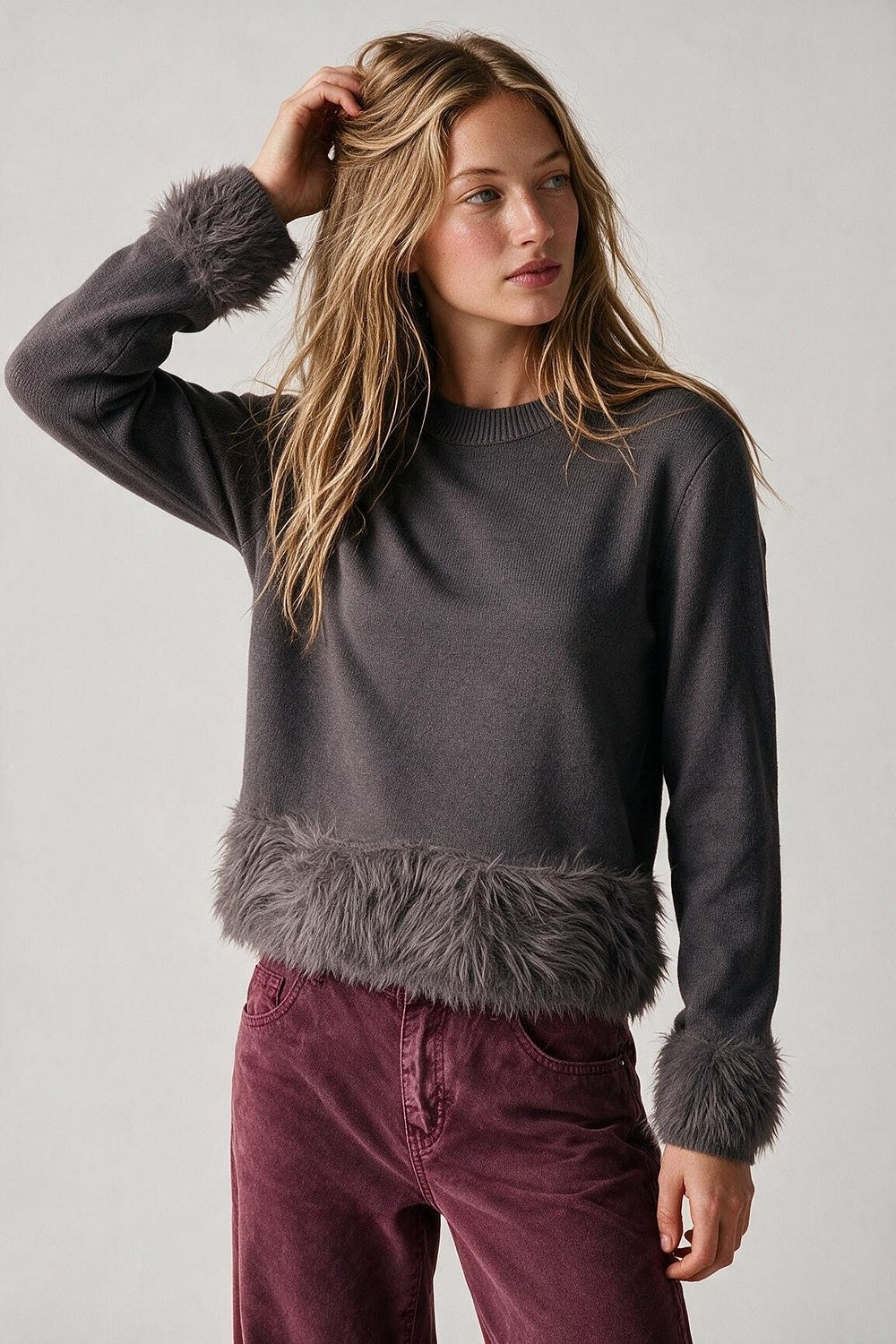 Grey Fine Knit Faux Fur Trim Crew Neck Sweater - Jumpers
