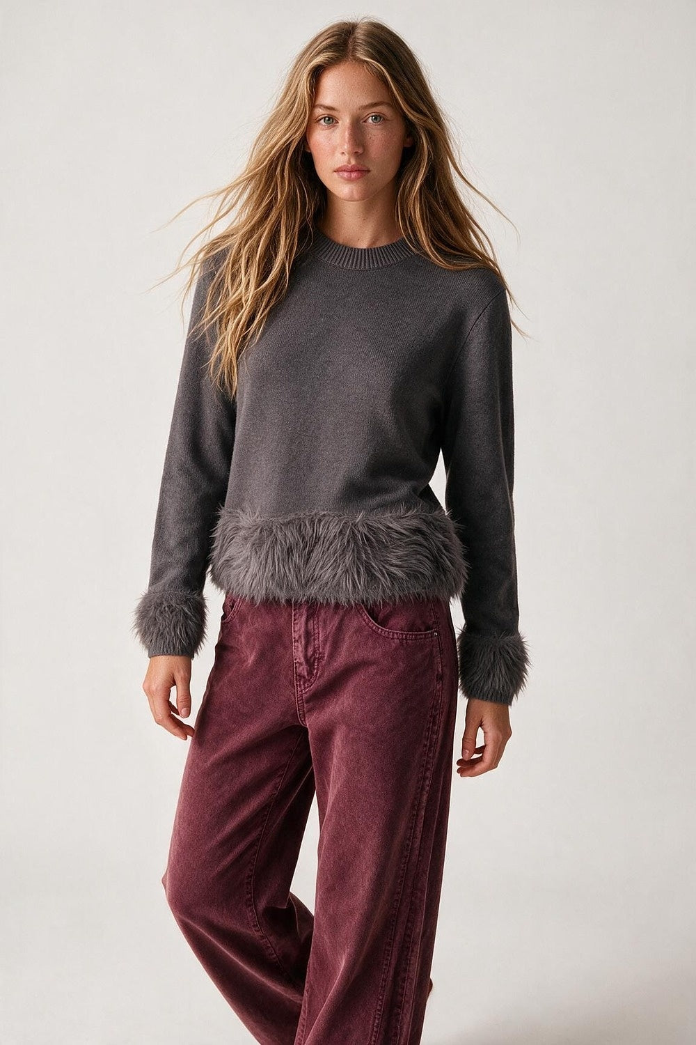 Grey Fine Knit Faux Fur Trim Crew Neck Sweater - Jumpers