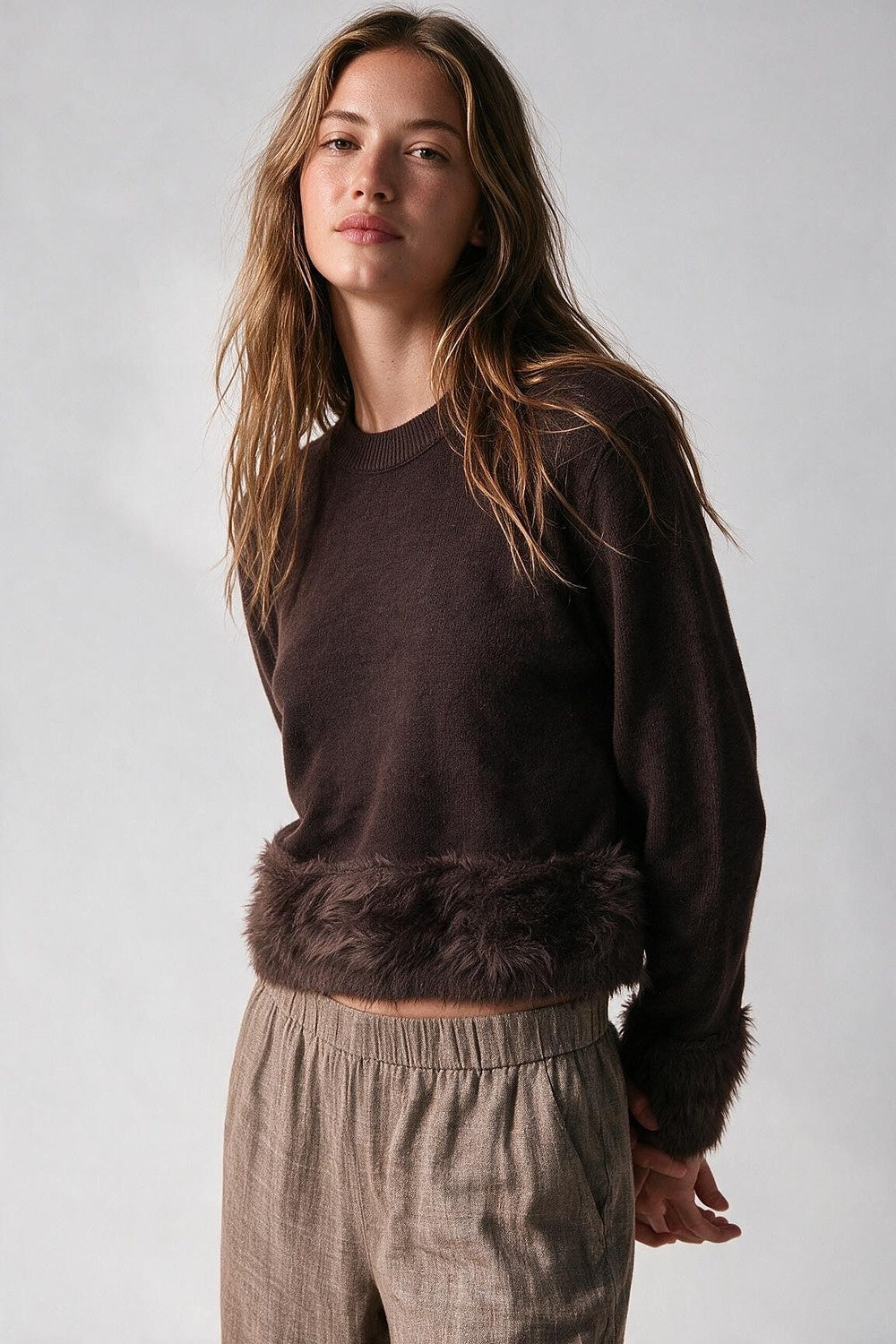 Brown Soft Knit Faux Fur Trim Cropped Sweater - Jumpers