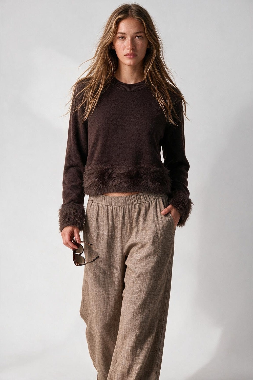 Brown Soft Knit Faux Fur Trim Cropped Sweater - Jumpers