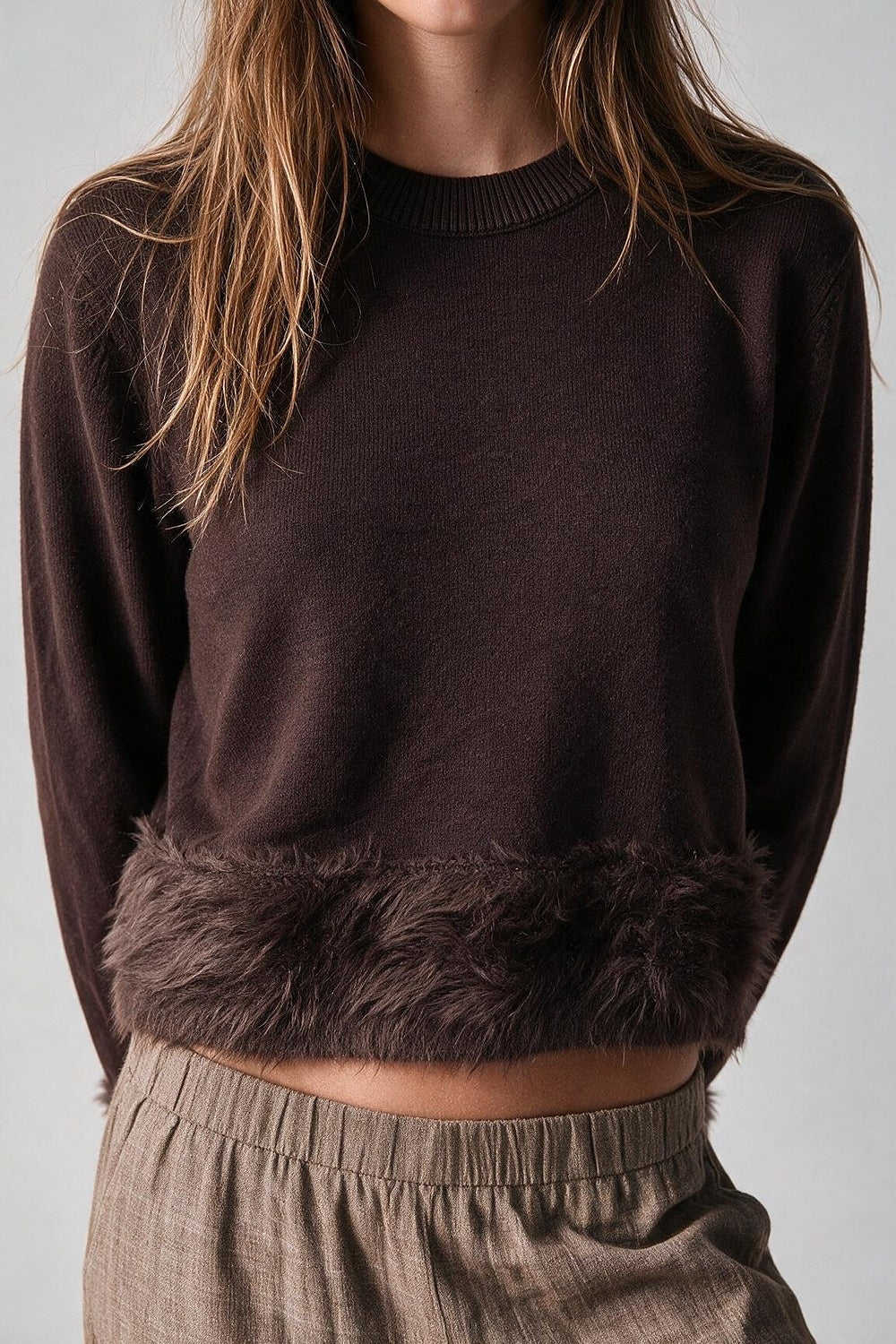 Brown Soft Knit Faux Fur Trim Cropped Sweater - Jumpers
