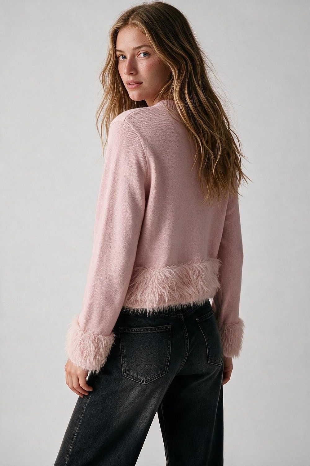 Light Pink Soft Knit Faux Fur Trim Cropped Sweater - Jumpers