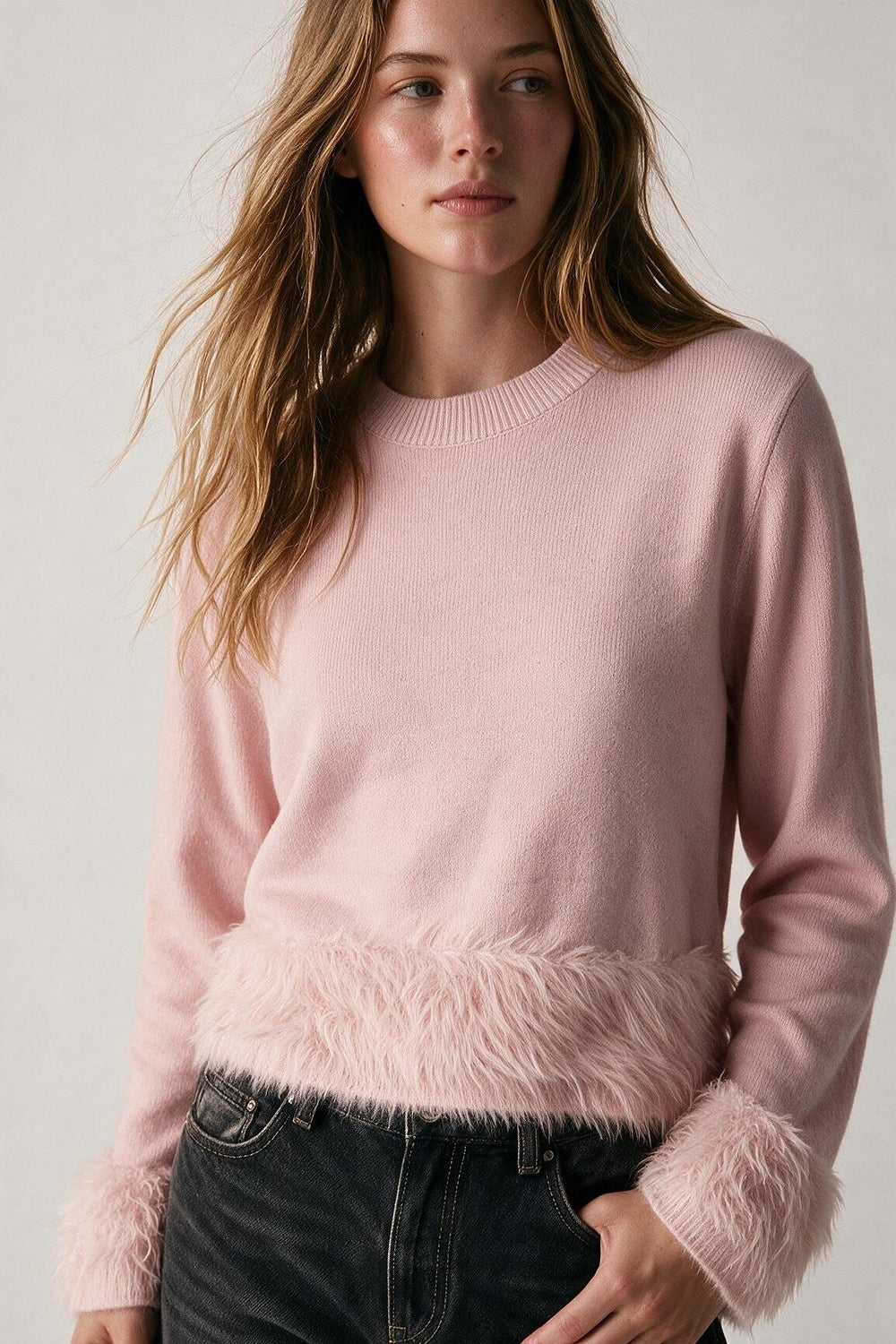Light Pink Soft Knit Faux Fur Trim Cropped Sweater - Jumpers