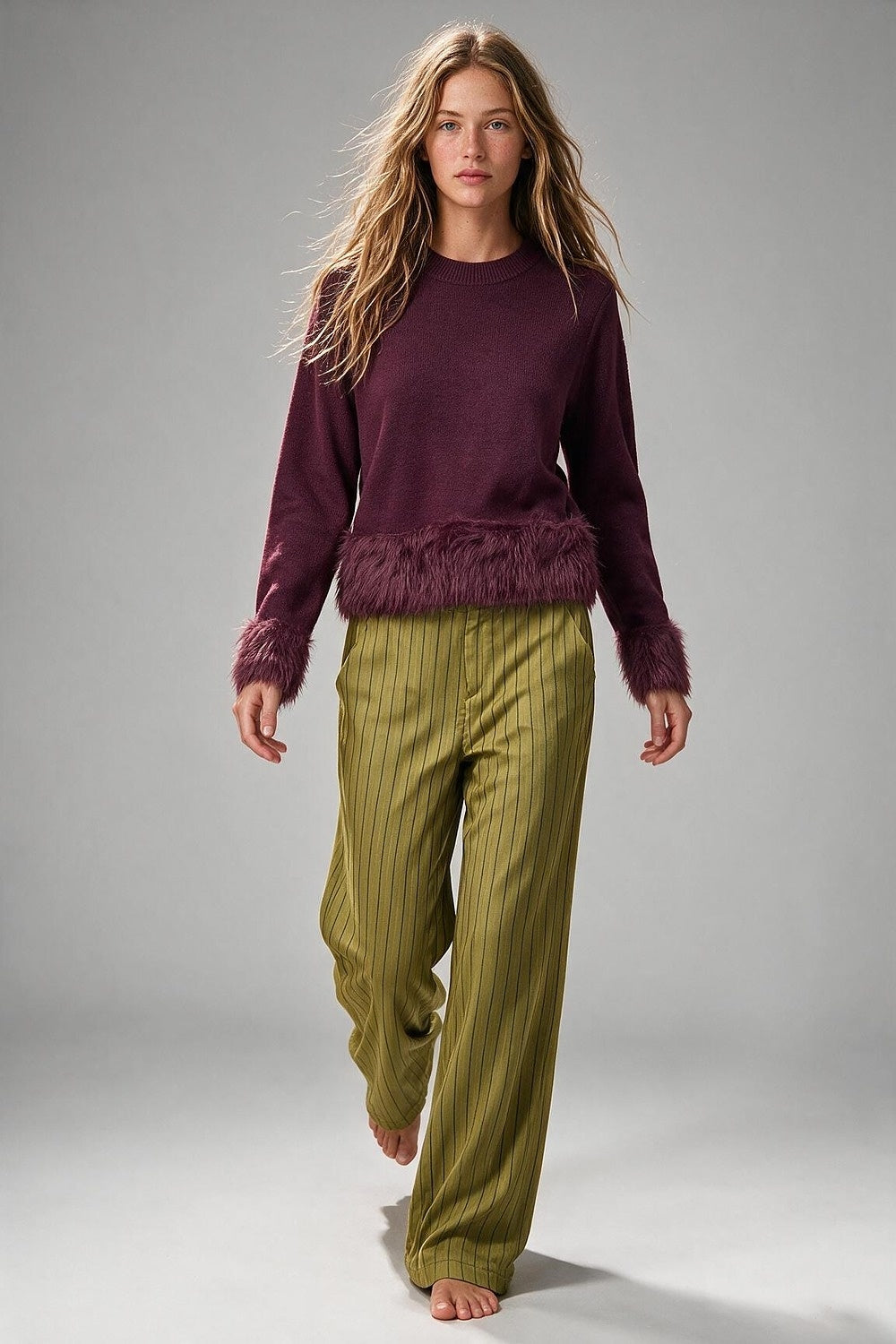 Wine Soft Knit Faux Fur Trim Cropped Crewneck Sweater - Jumpers