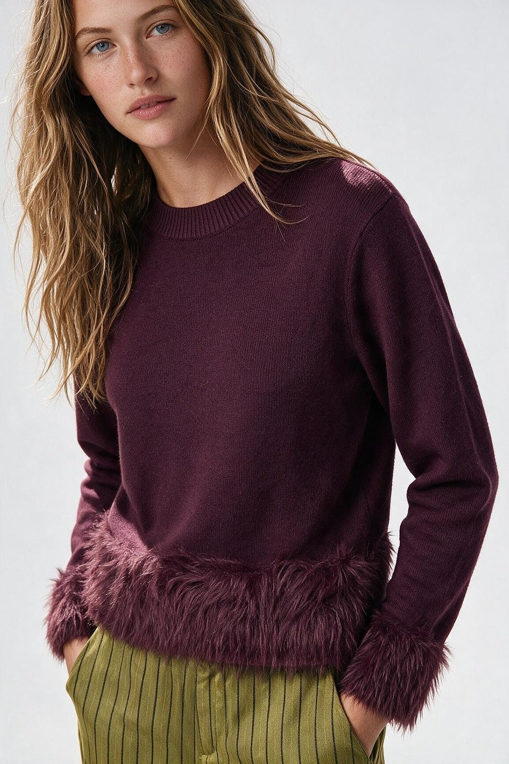 Wine Soft Knit Faux Fur Trim Cropped Crewneck Sweater - Jumpers