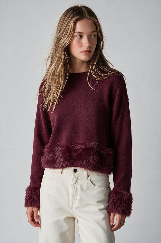 Burgundy Soft Knit Faux Fur Trim Cropped Sweater - Jumpers