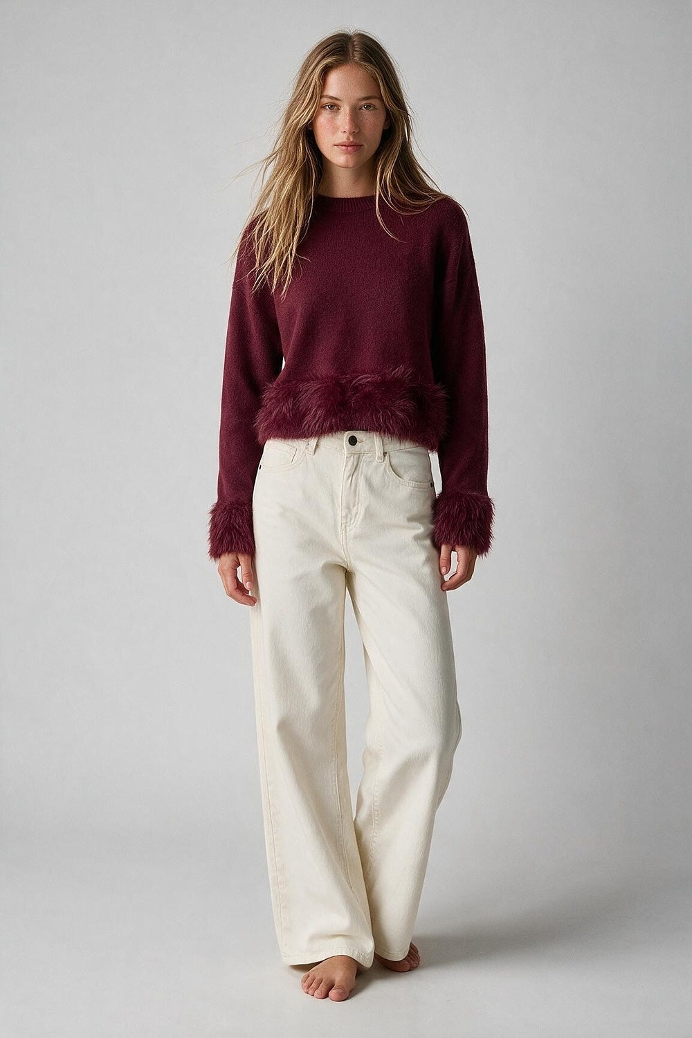 Burgundy Soft Knit Faux Fur Trim Cropped Sweater - Jumpers