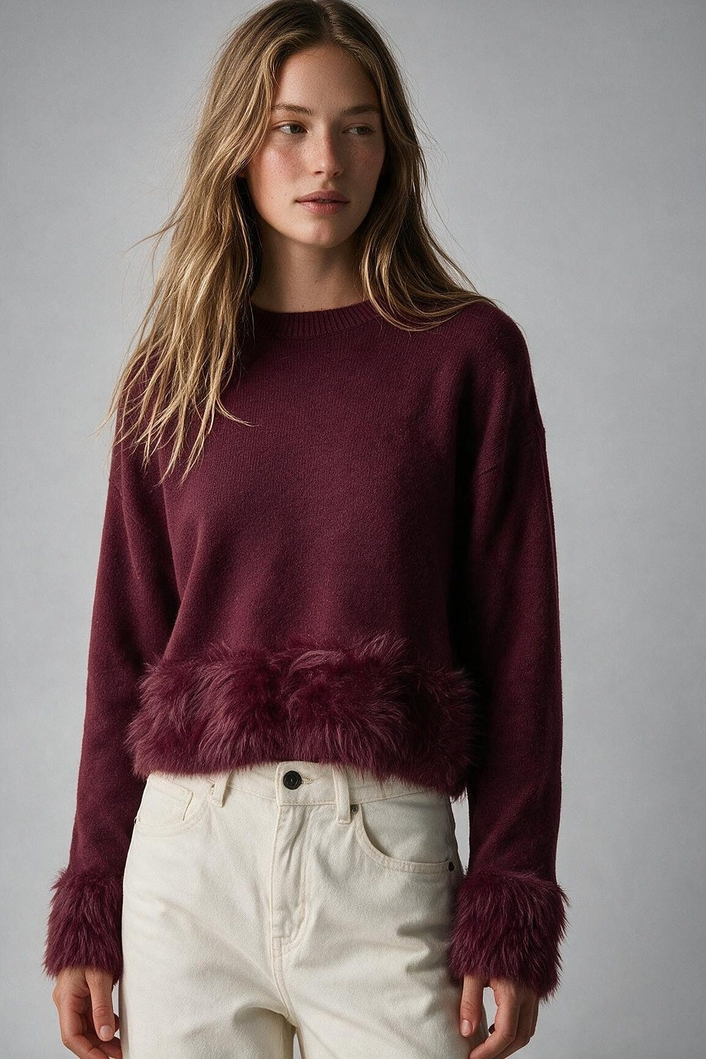 Burgundy Soft Knit Faux Fur Trim Cropped Sweater - Jumpers