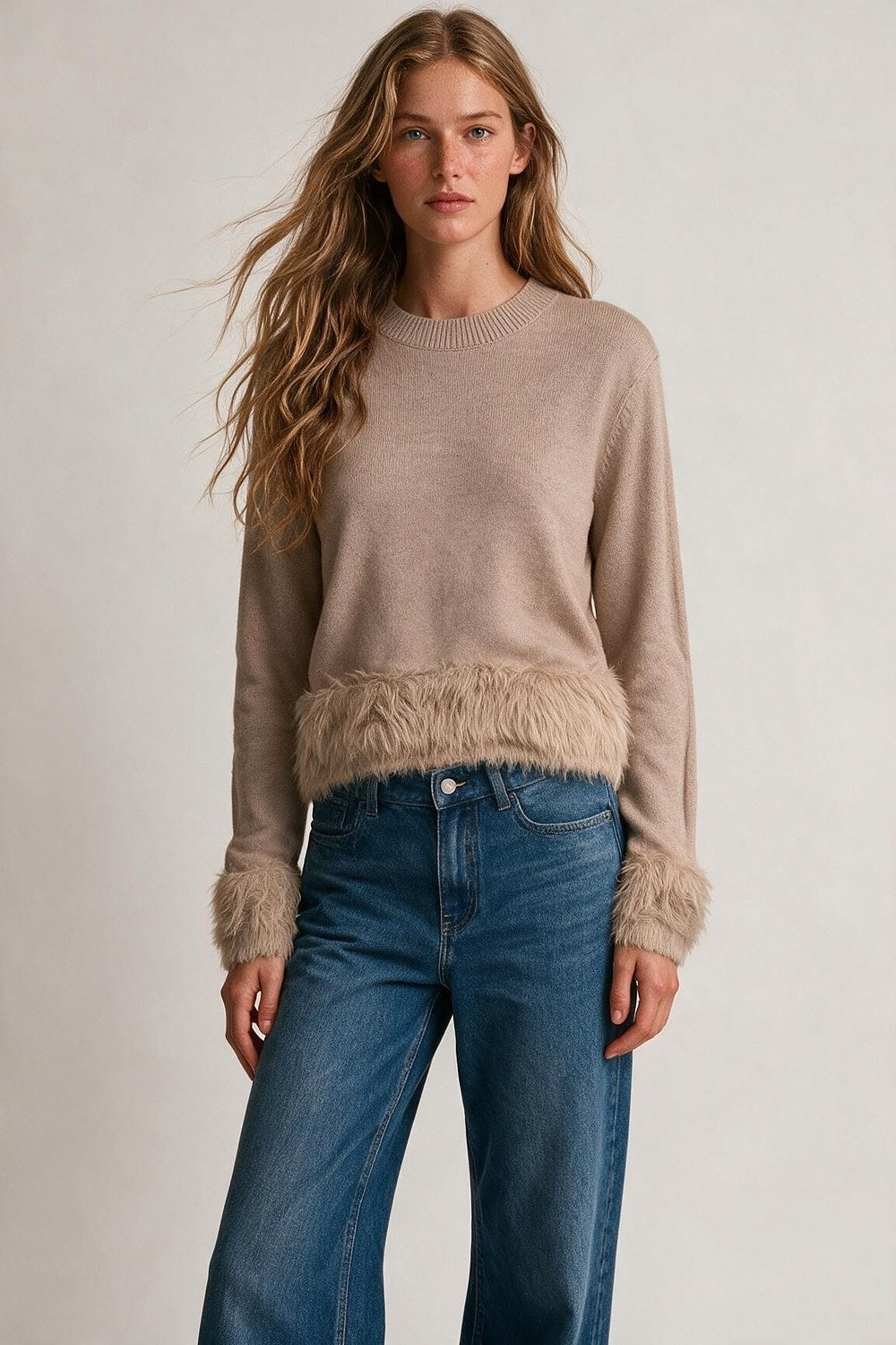 Beige Fine Knit Faux Fur Trim Crew Neck Sweater - Jumpers