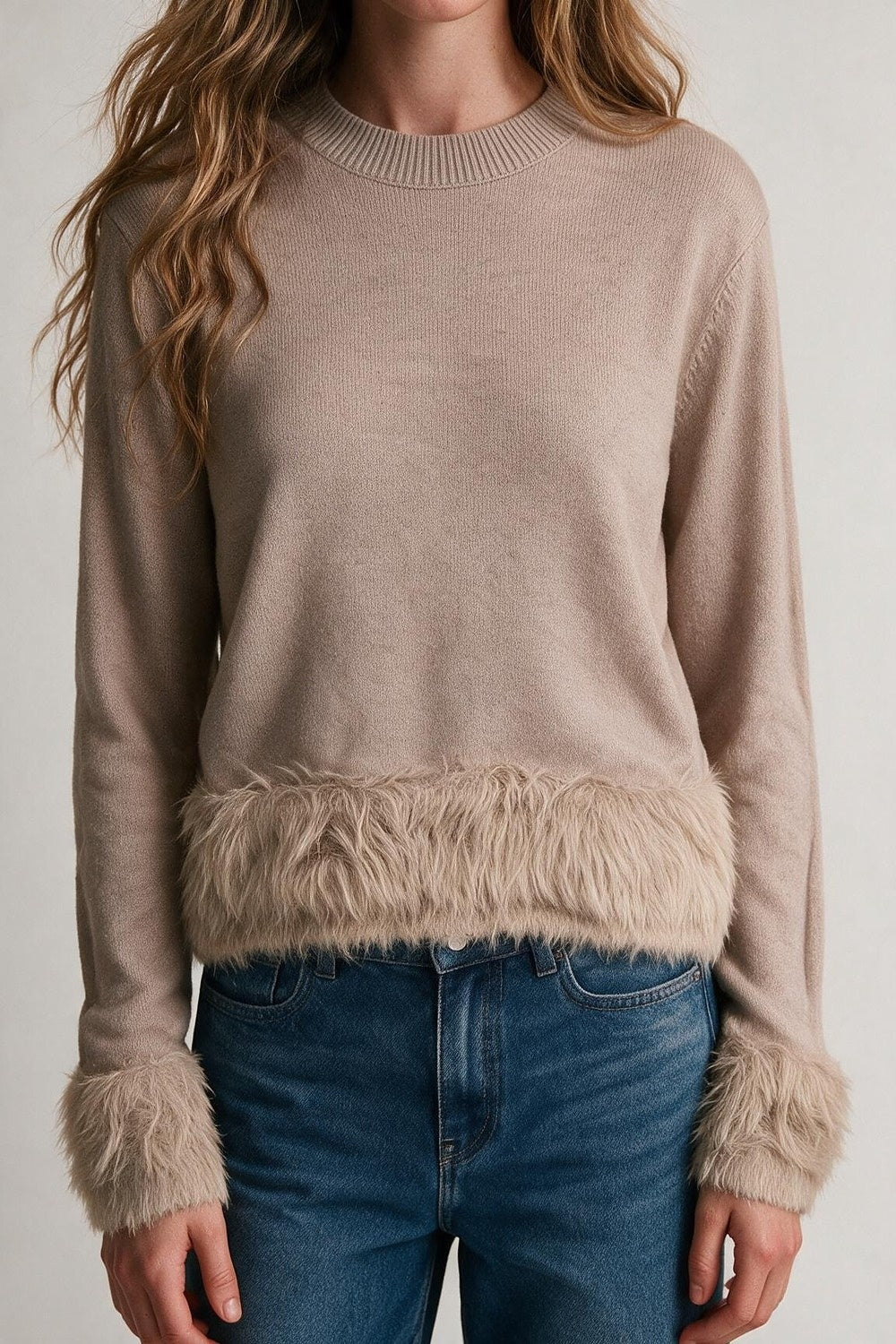 Beige Fine Knit Faux Fur Trim Crew Neck Sweater - Jumpers