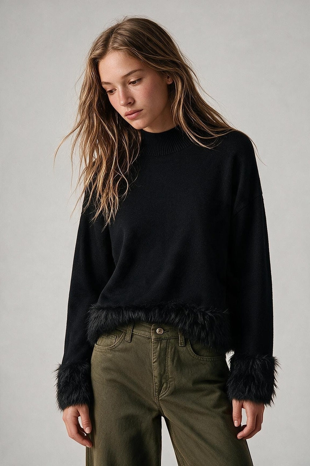 Black Soft Knit Faux Fur Trim Mock Neck Sweater - Jumpers