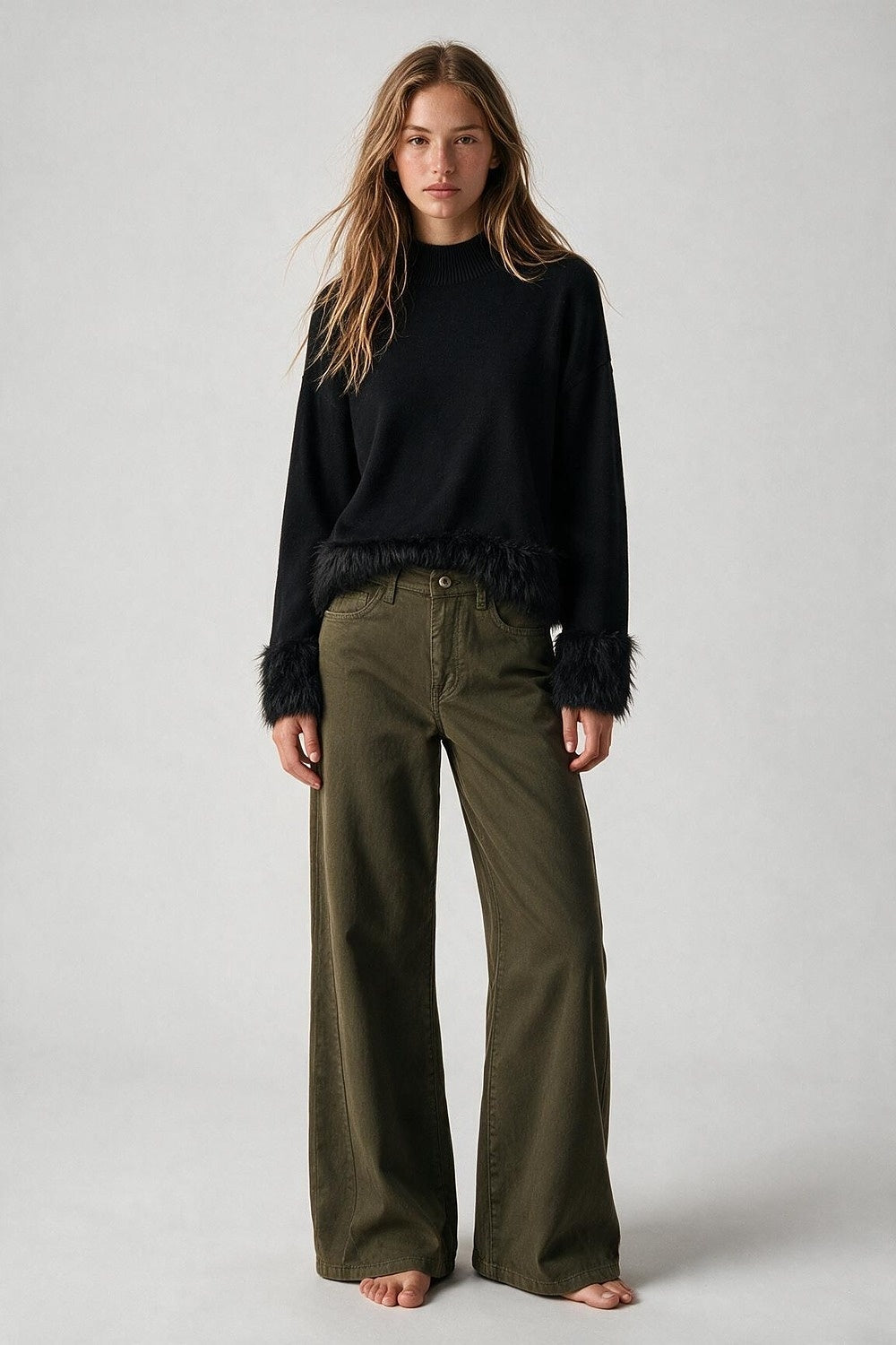 Black Soft Knit Faux Fur Trim Mock Neck Sweater - Jumpers