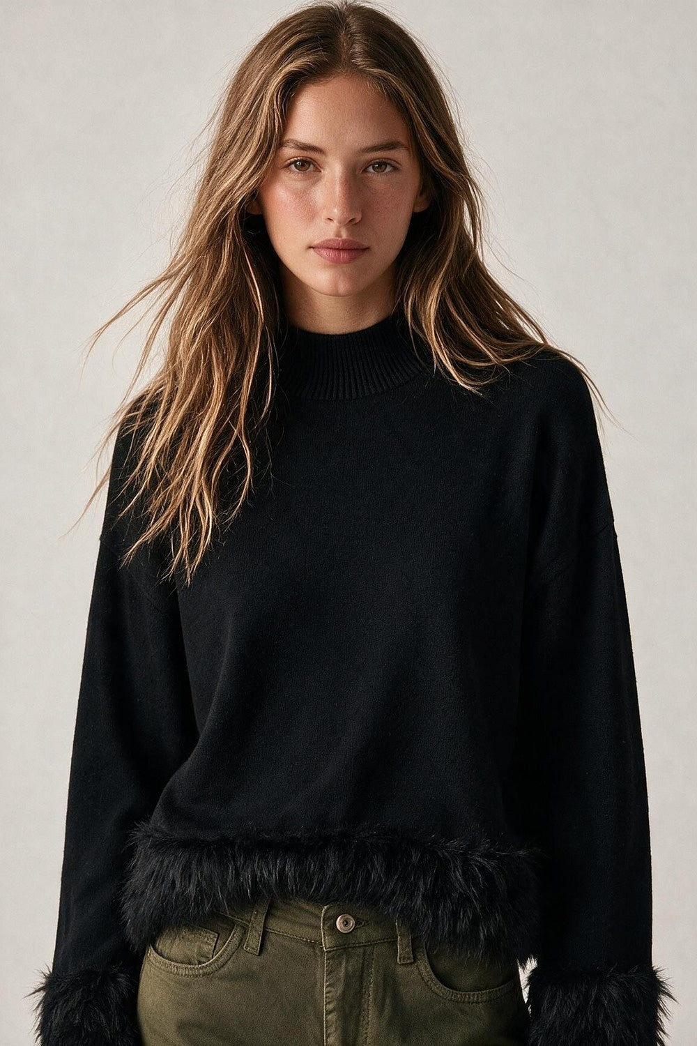 Black Soft Knit Faux Fur Trim Mock Neck Sweater - Jumpers