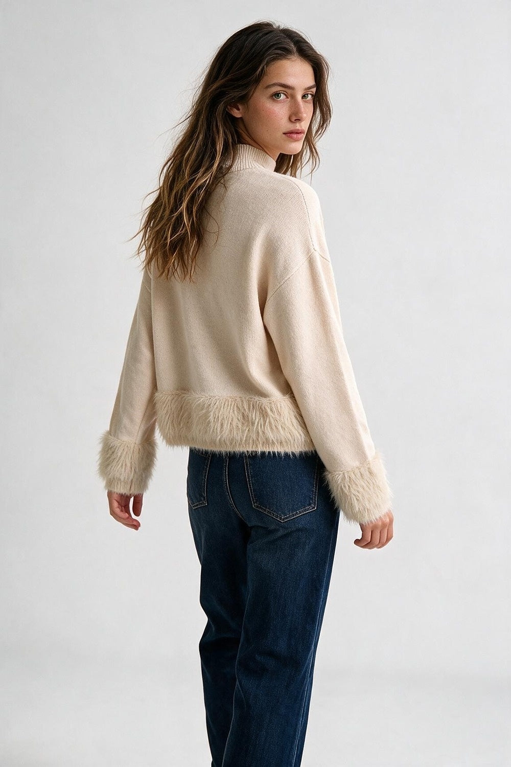 Cream Soft Knit Mock Neck Faux Fur Trim Sweater - Jumpers