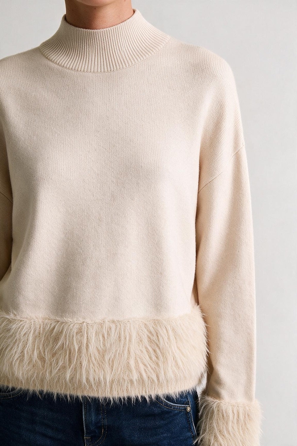 Cream Soft Knit Mock Neck Faux Fur Trim Sweater - Jumpers