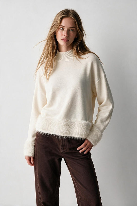 Cream Soft Knit Faux Fur Trim Turtleneck Sweater - Jumpers