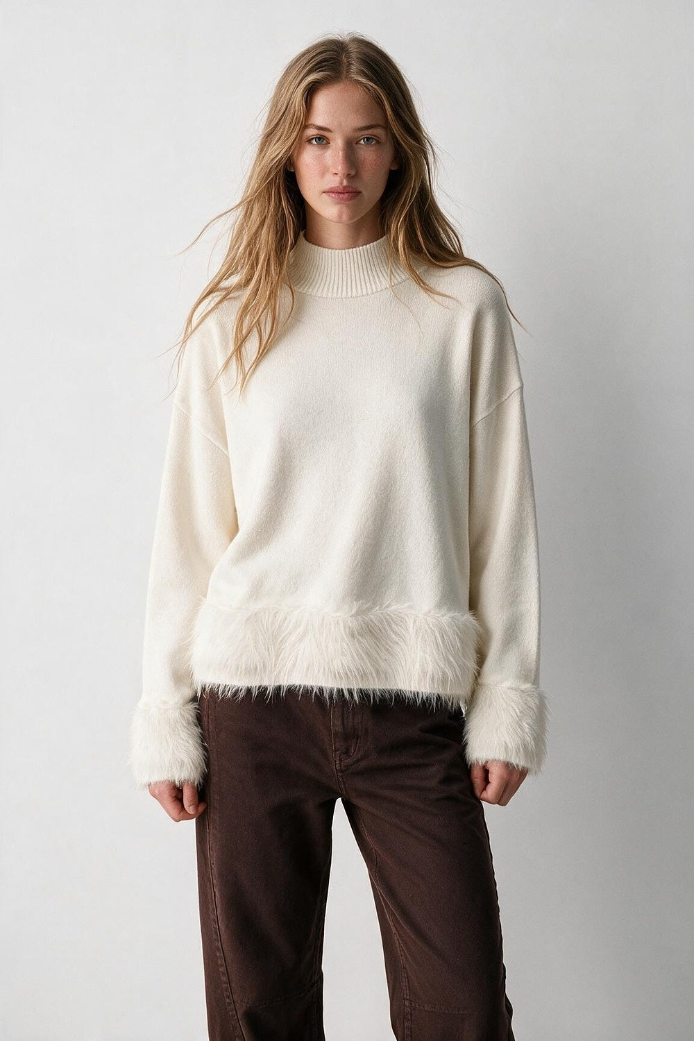 Cream Soft Knit Faux Fur Trim Turtleneck Sweater - Jumpers