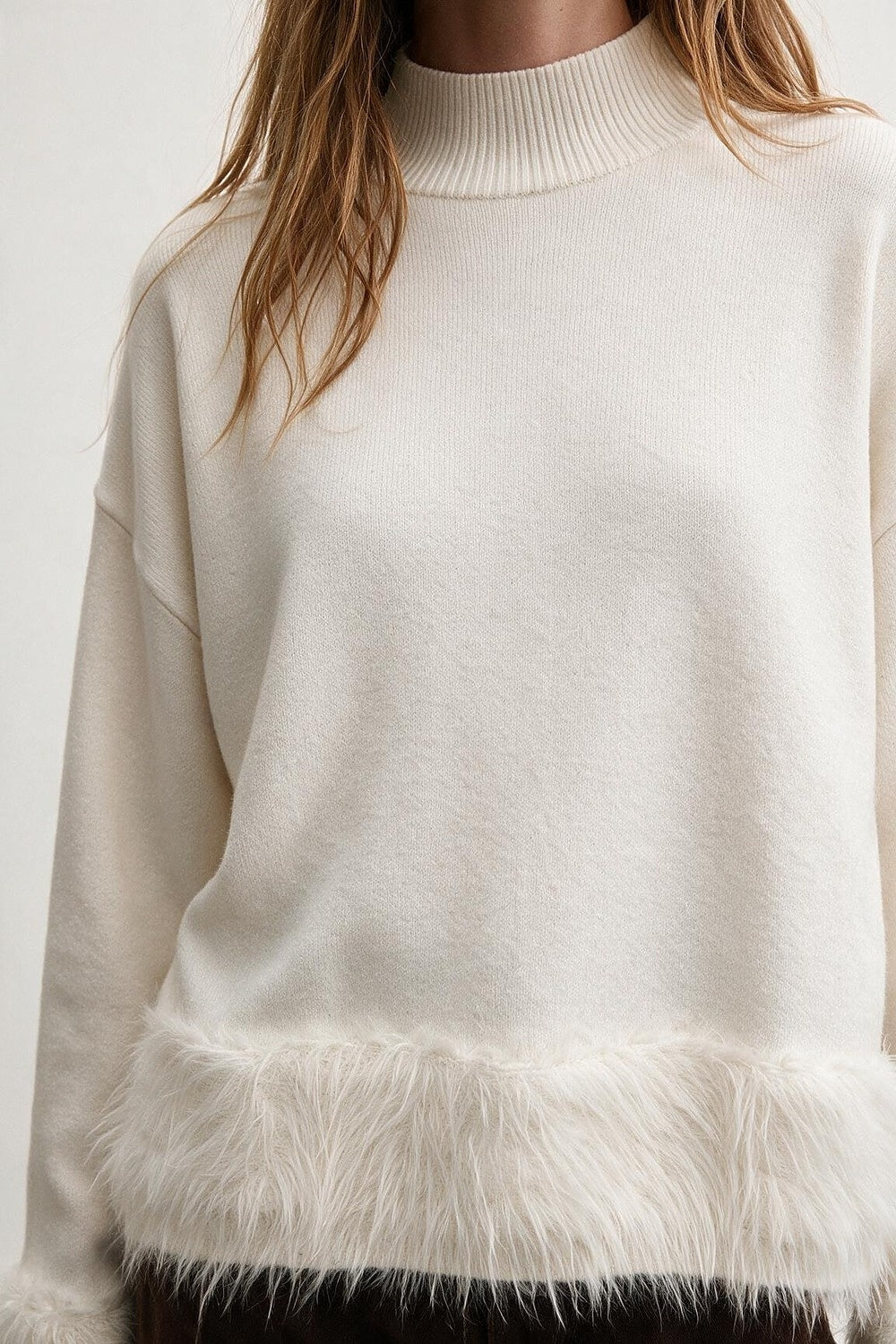 Cream Soft Knit Faux Fur Trim Turtleneck Sweater - Jumpers