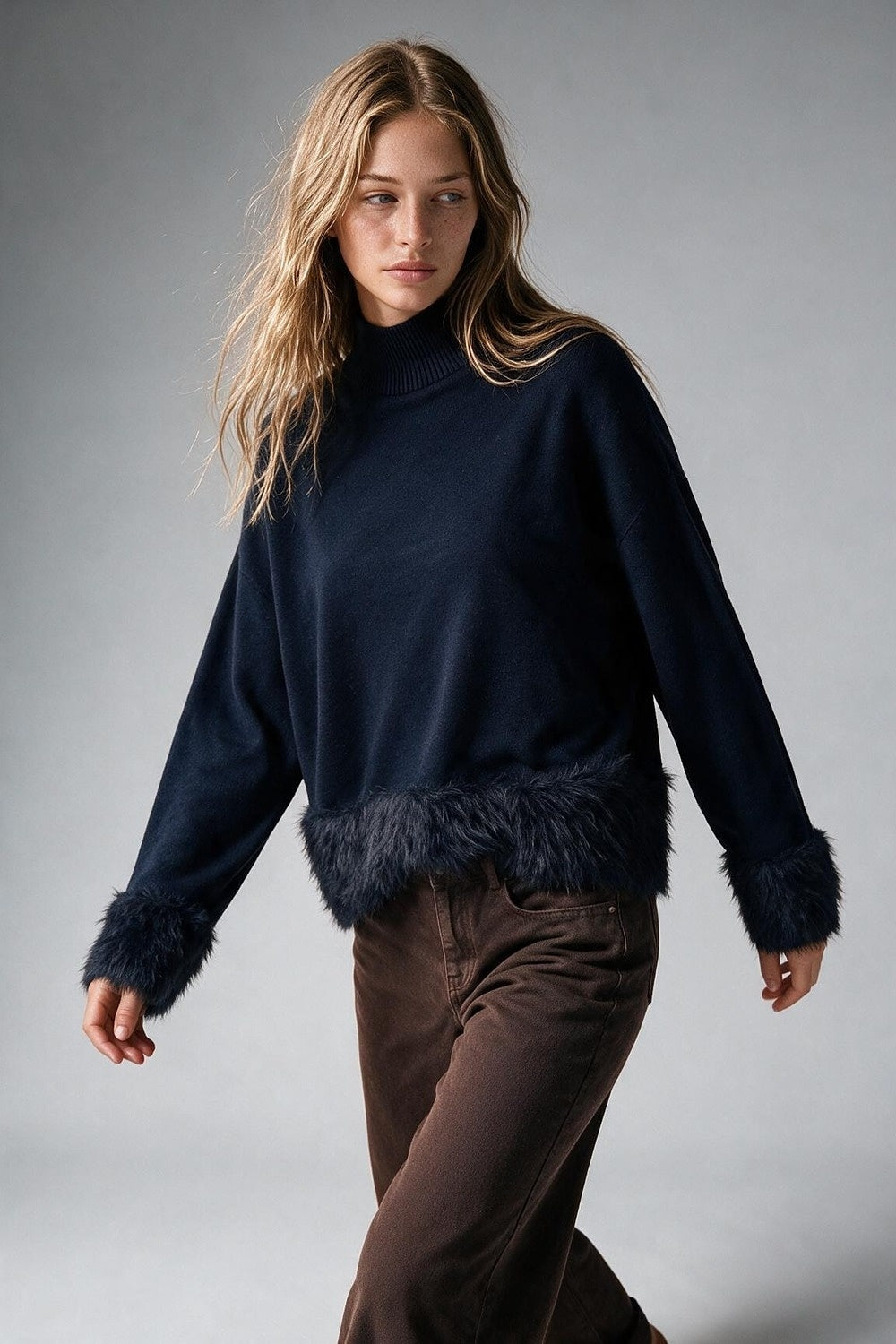 Navy Soft Knit Faux Fur Trim Turtleneck Sweater - Jumpers