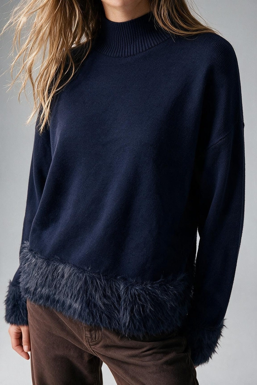 Navy Soft Knit Faux Fur Trim Turtleneck Sweater - Jumpers