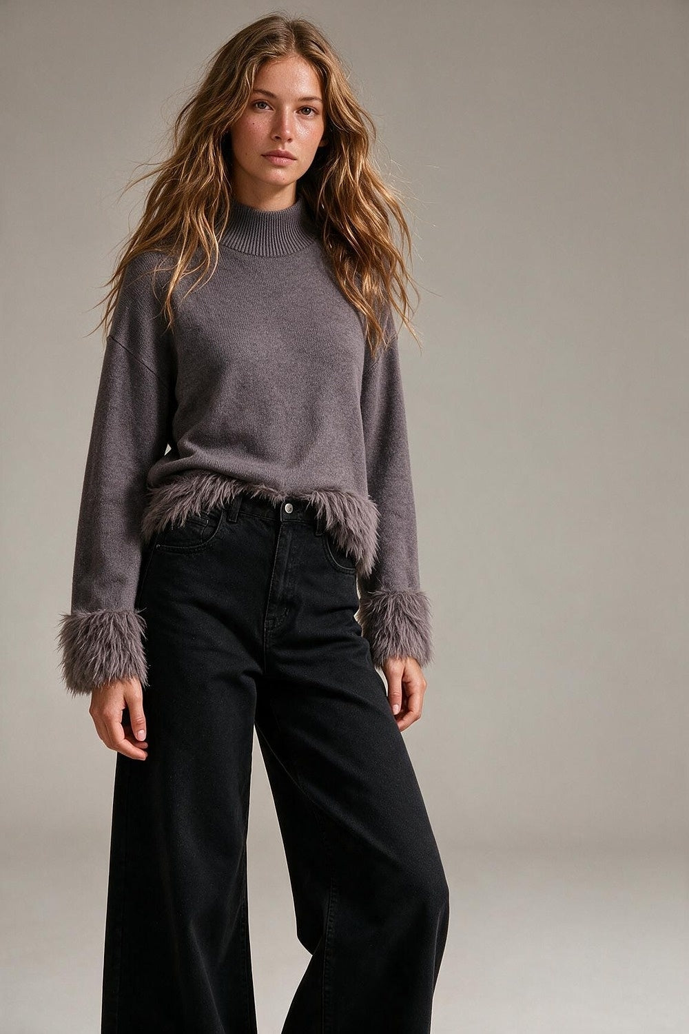 Grey Fine Knit Mock Neck Fringe Trim Sweater - Jumpers