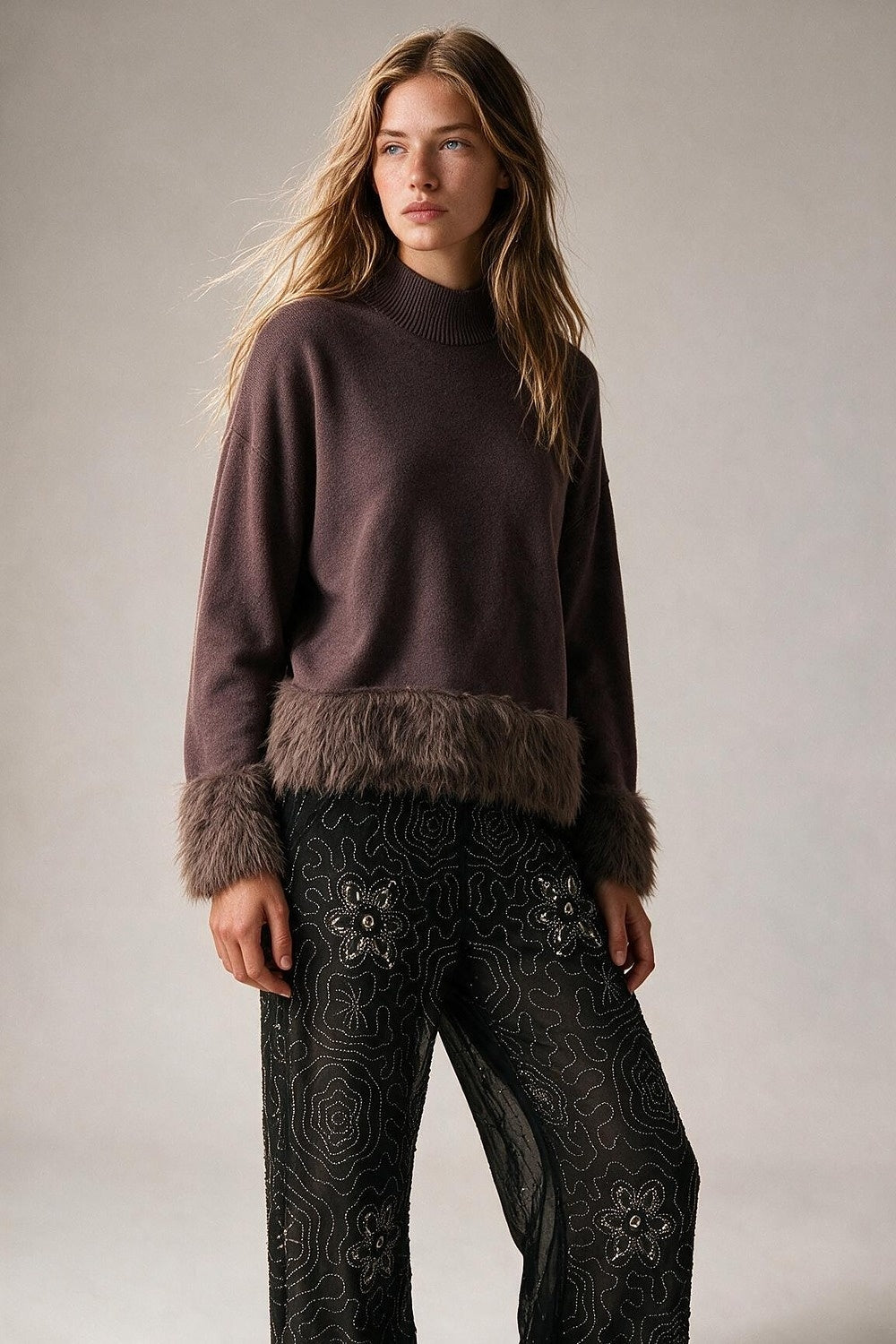 Brown Soft Knit Faux Fur Trim Turtleneck Sweater