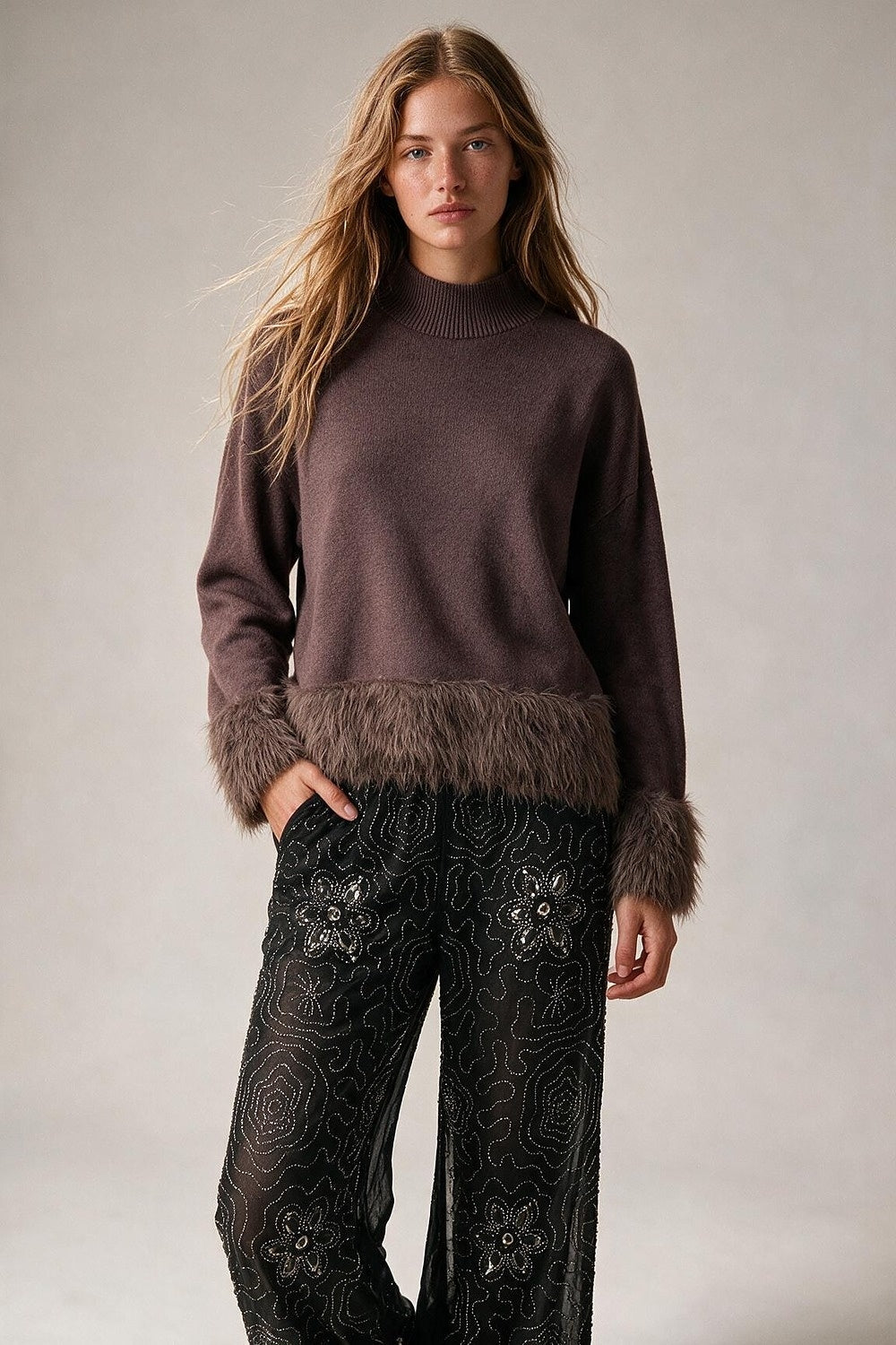 Brown Soft Knit Faux Fur Trim Turtleneck Sweater - Jumpers