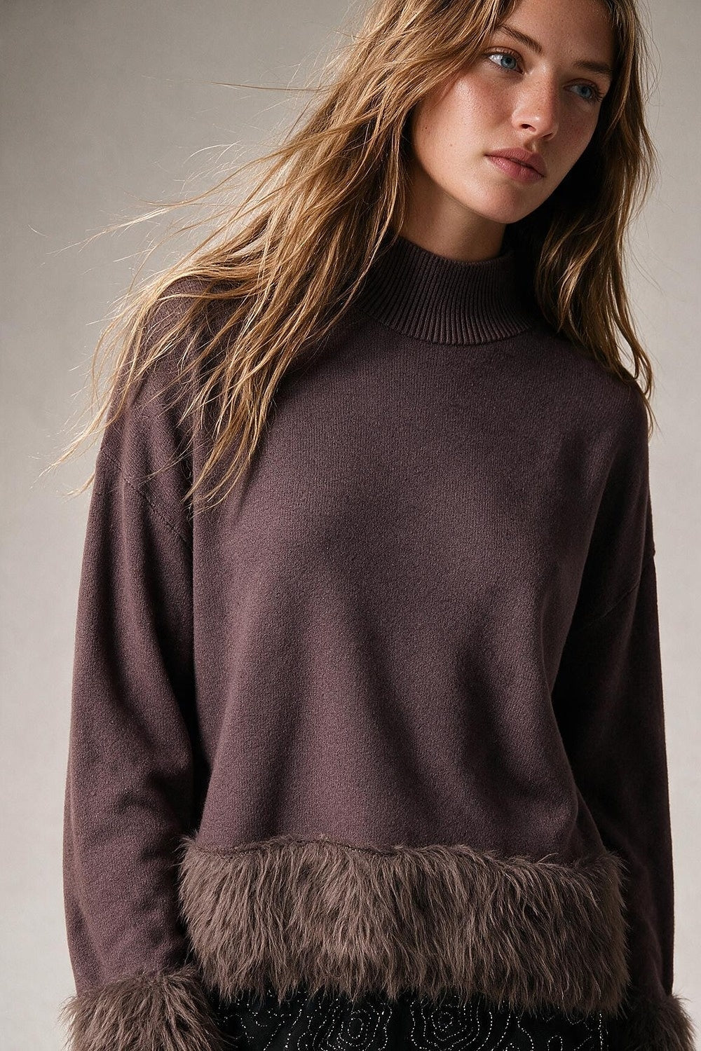 Brown Soft Knit Faux Fur Trim Turtleneck Sweater - Jumpers