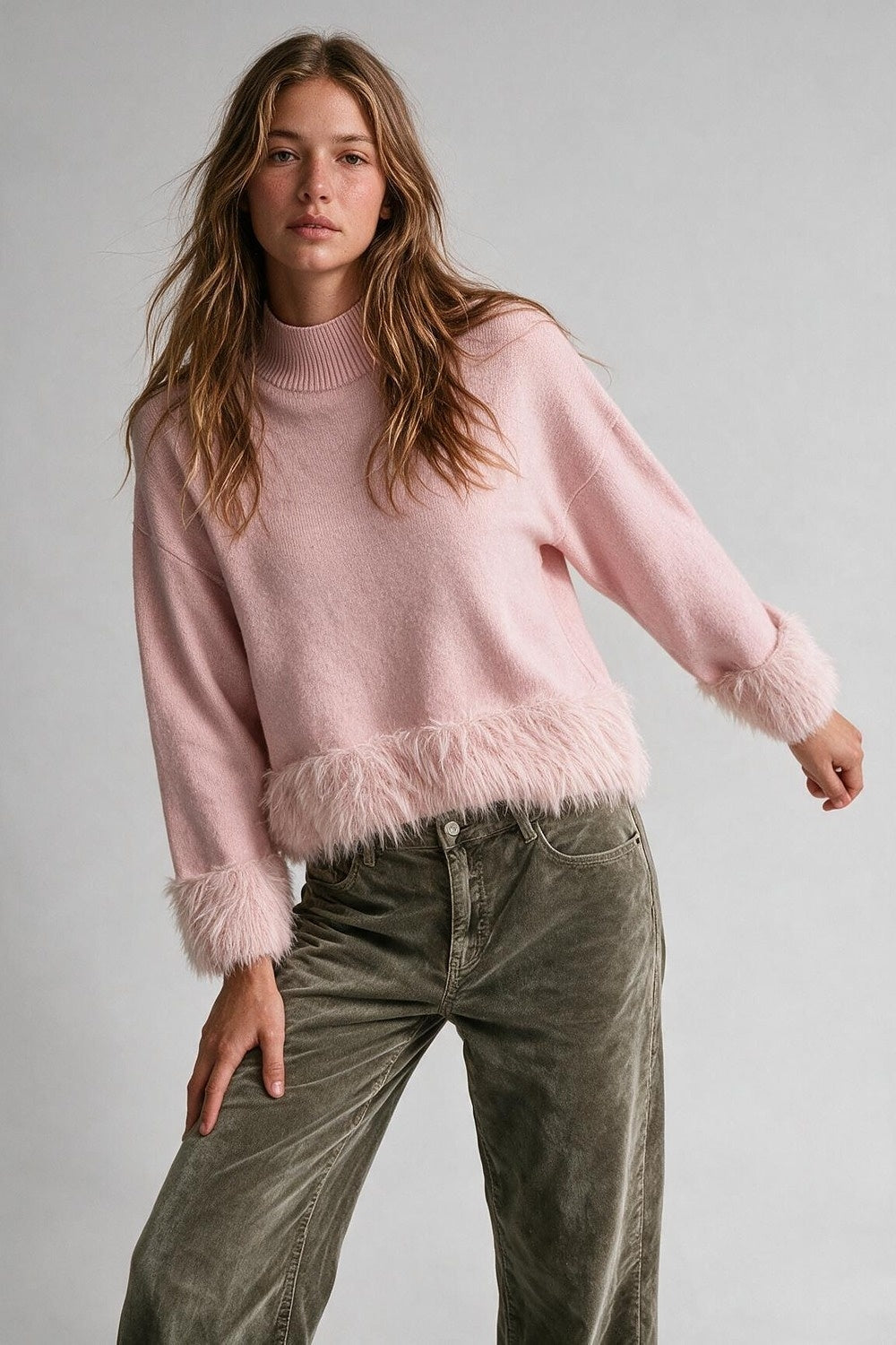 Light Pink Soft Knit Faux Fur Trim Turtleneck Sweater - Jumpers