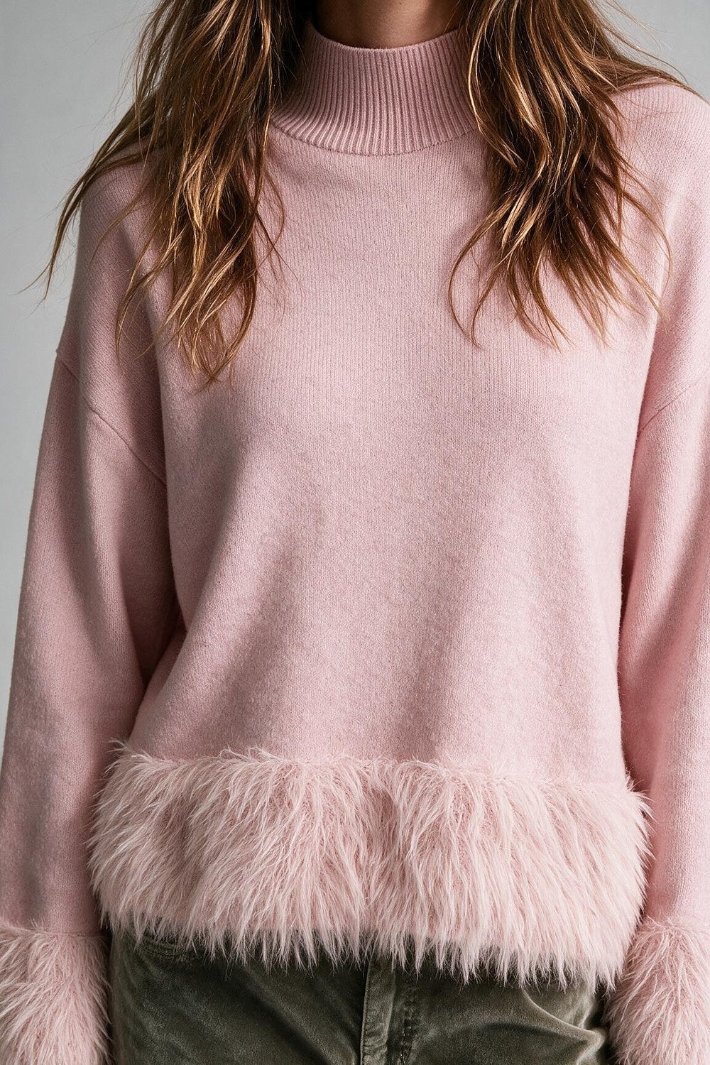 Light Pink Soft Knit Faux Fur Trim Turtleneck Sweater - Jumpers