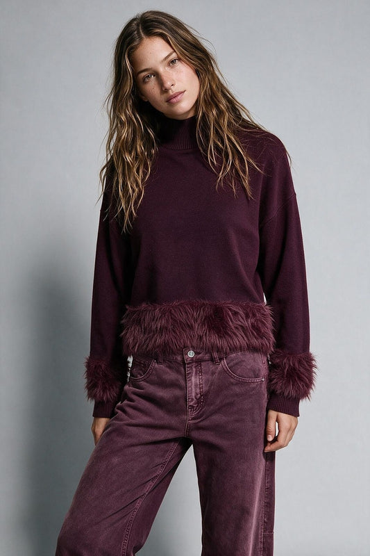 Burgundy Soft Knit Faux Fur Trim Turtleneck Cropped Sweater - Jumpers