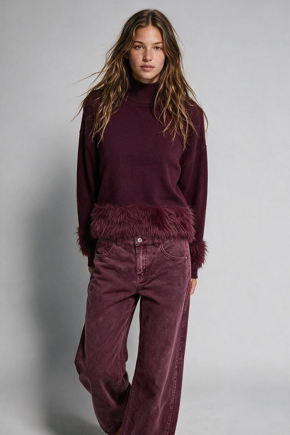 Burgundy Soft Knit Faux Fur Trim Turtleneck Cropped Sweater - Jumpers