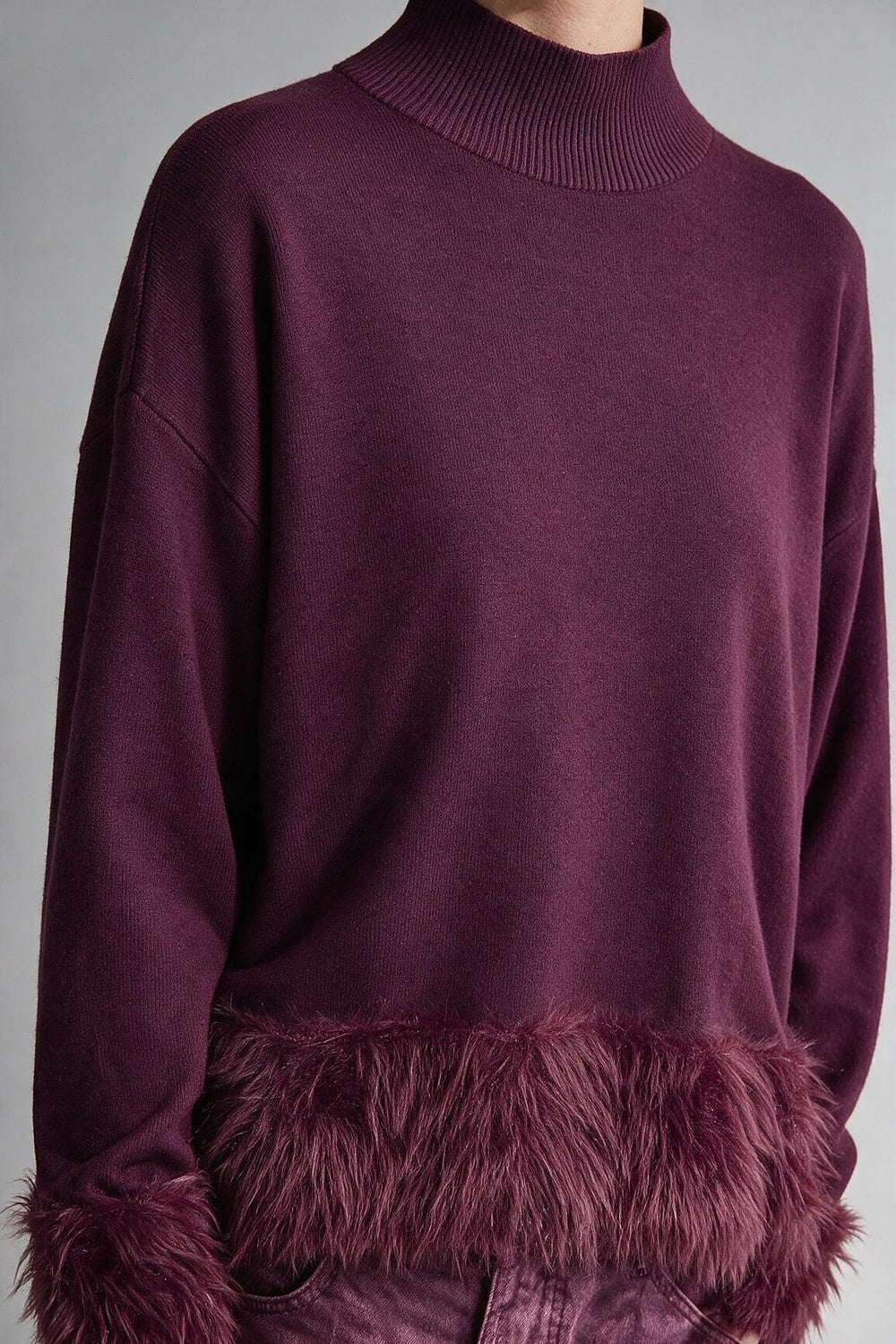 Burgundy Soft Knit Faux Fur Trim Turtleneck Cropped Sweater - Jumpers