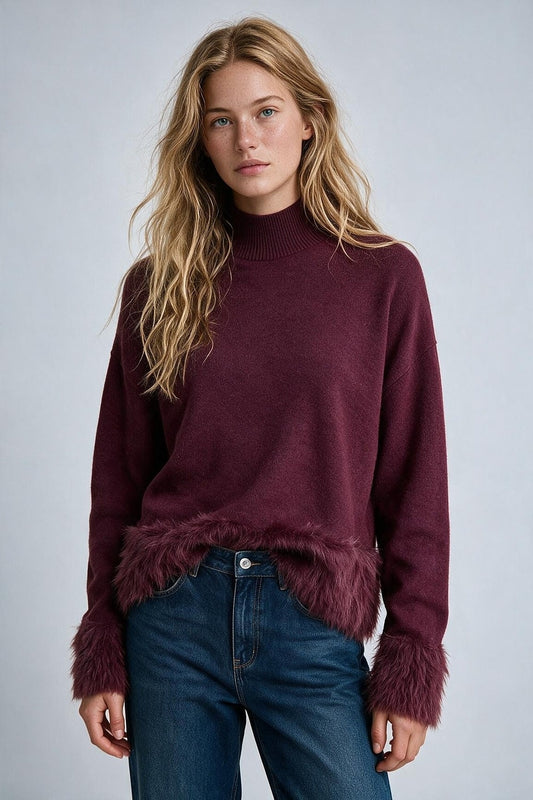 Wine Soft Knit Faux Fur Trim Turtleneck Sweater - Jumpers