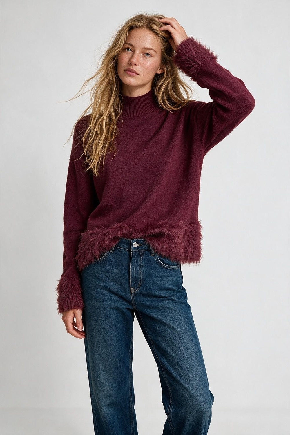 Wine Soft Knit Faux Fur Trim Turtleneck Sweater - Jumpers