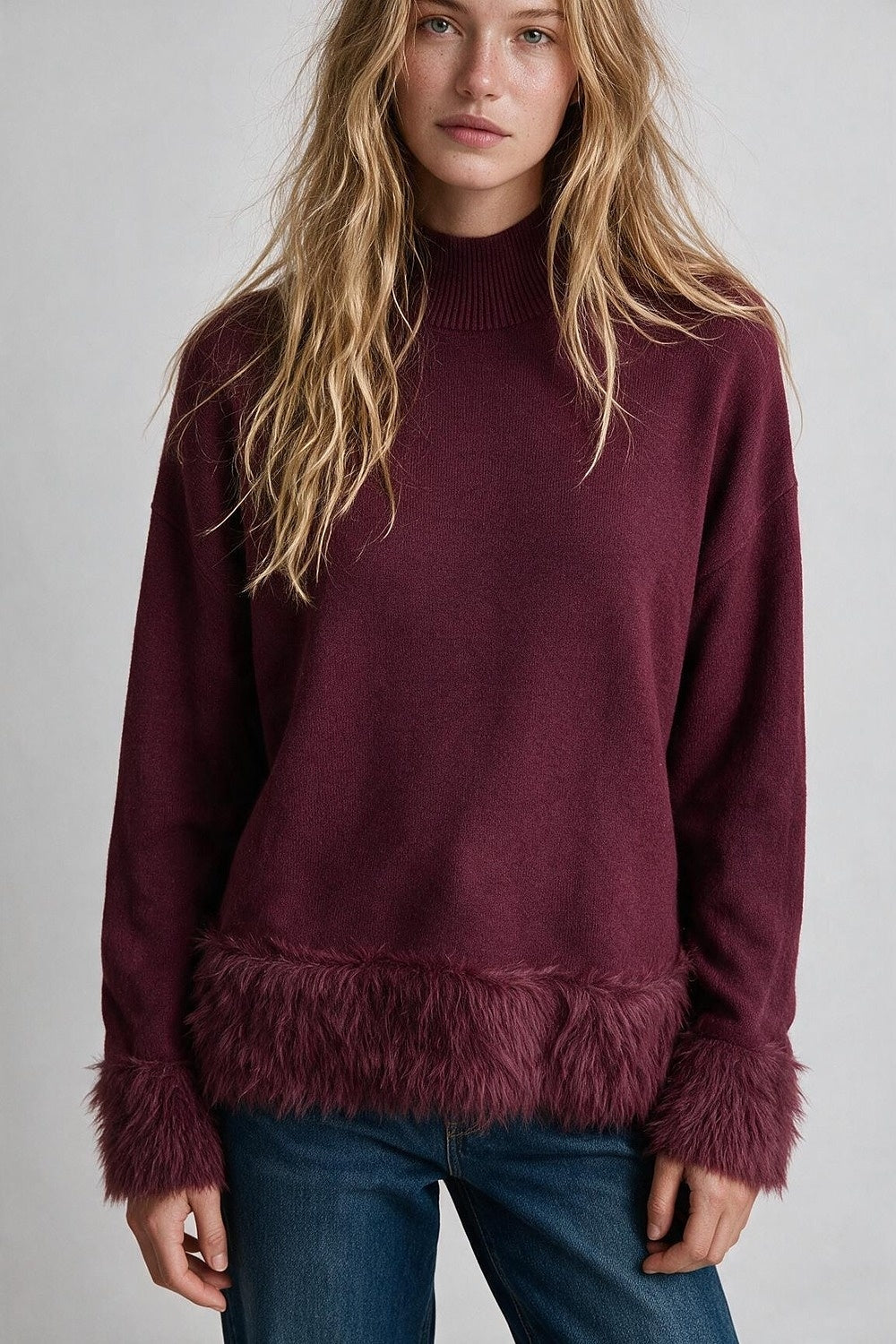 Wine Soft Knit Faux Fur Trim Turtleneck Sweater - Jumpers