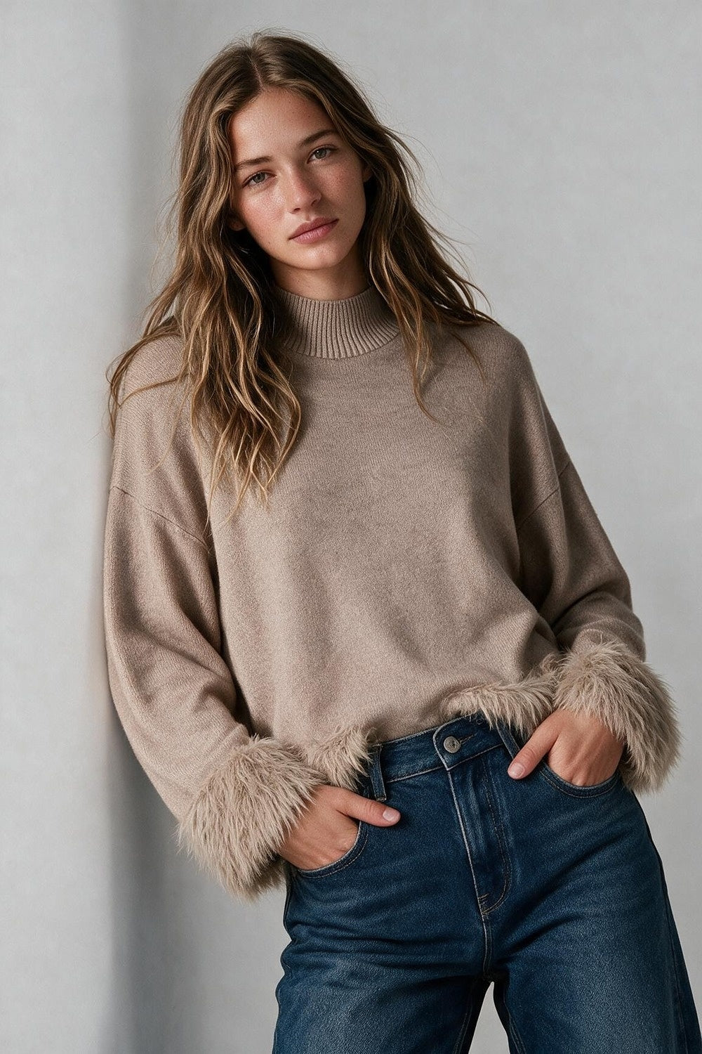 Beige Soft Knit Faux Fur Trim Mock Neck Sweater