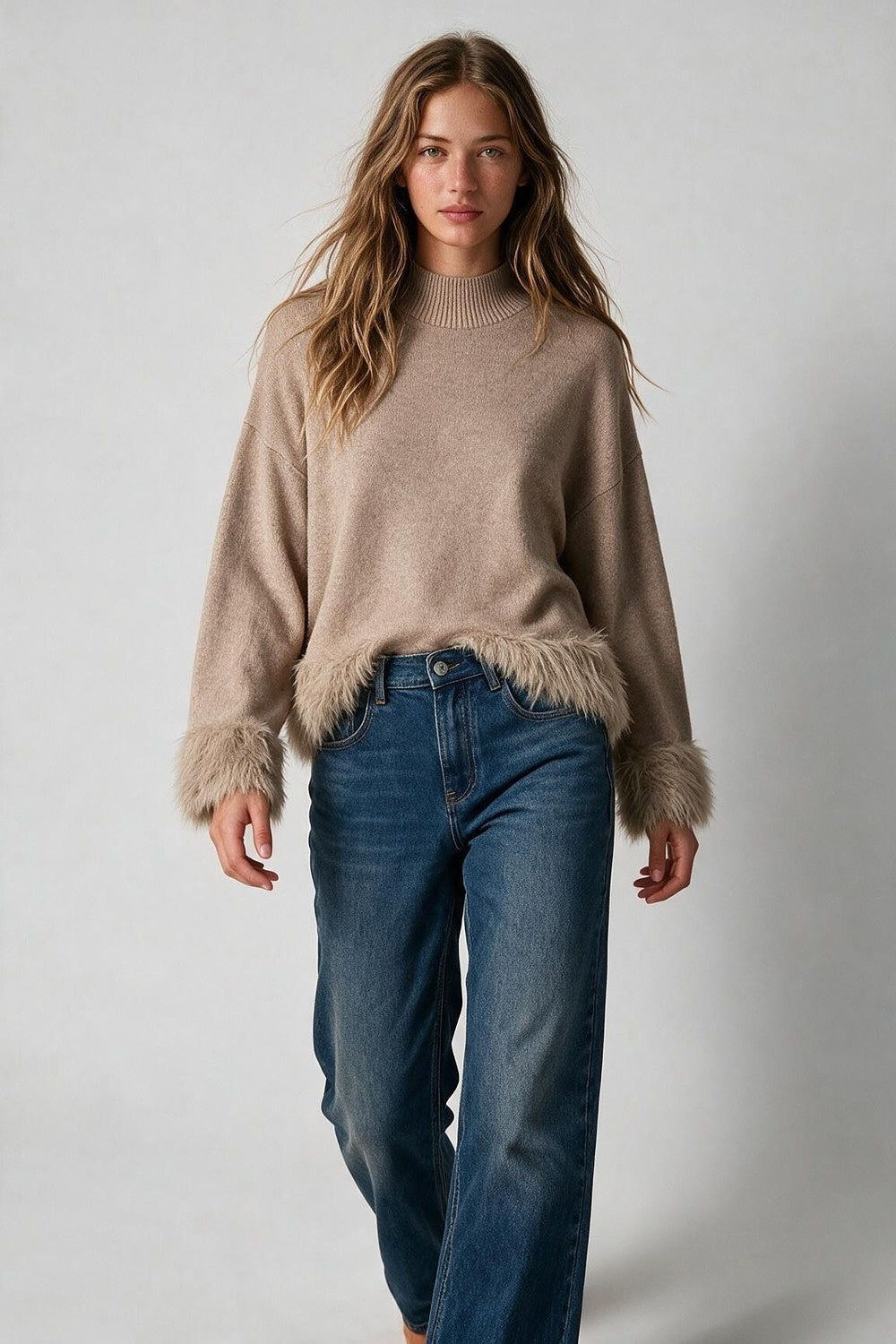 Beige Soft Knit Faux Fur Trim Mock Neck Sweater - Jumpers