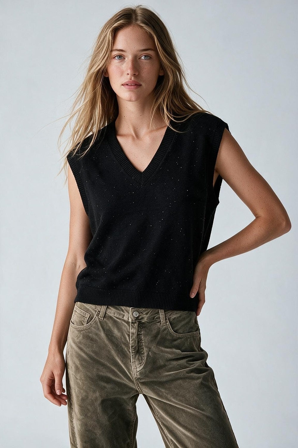 Black Soft Knit V Neck Rib Trim Vest with sequin embellished - Tops