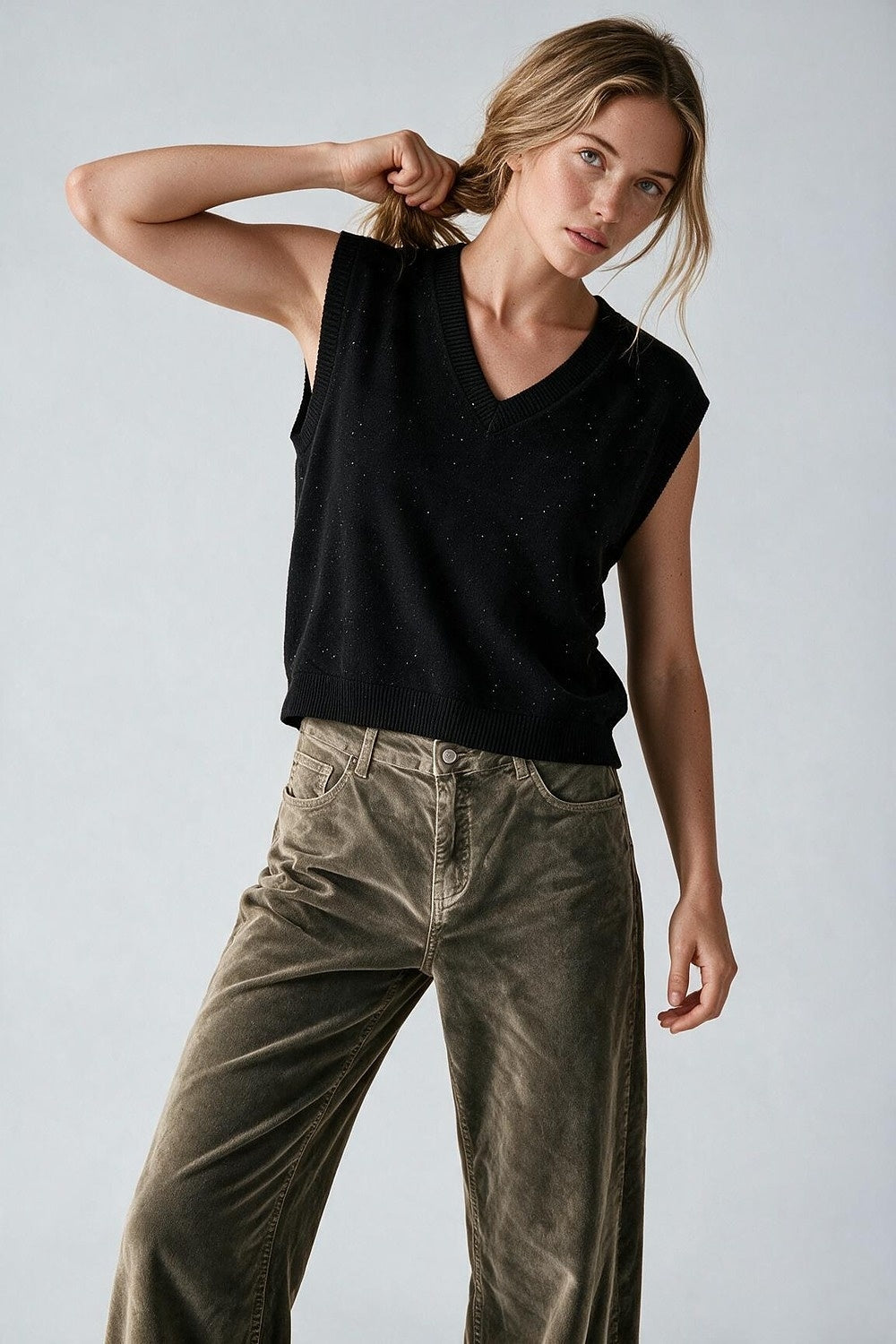Black Soft Knit V Neck Rib Trim Vest with sequin embellished - Tops