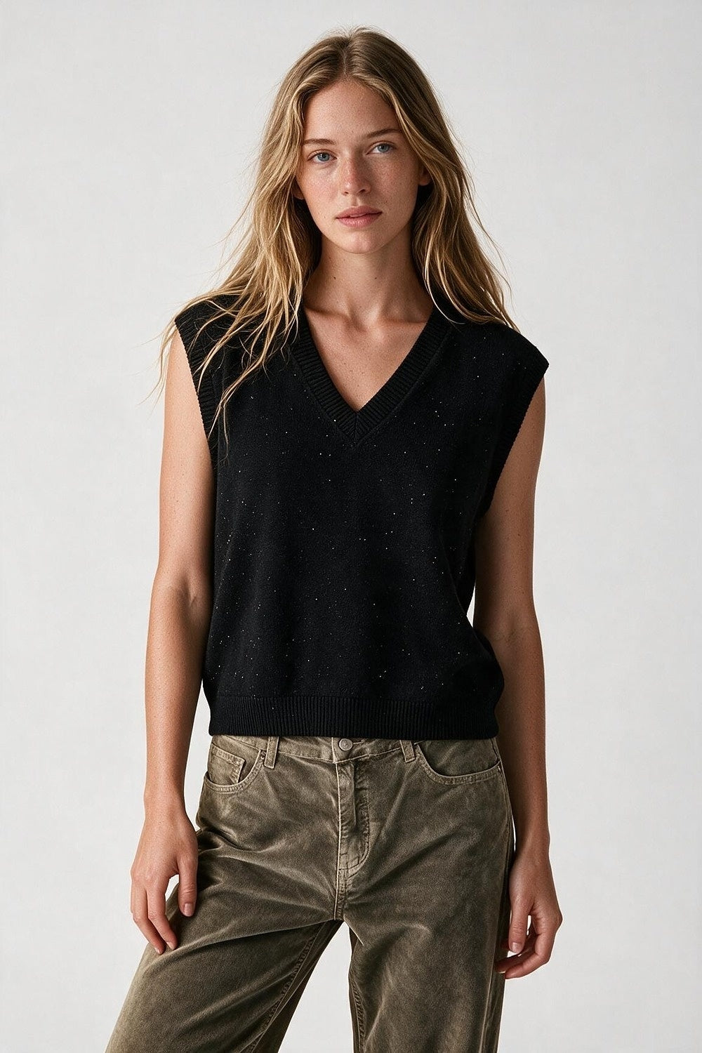 Black Soft Knit V Neck Rib Trim Vest with sequin embellished - Tops