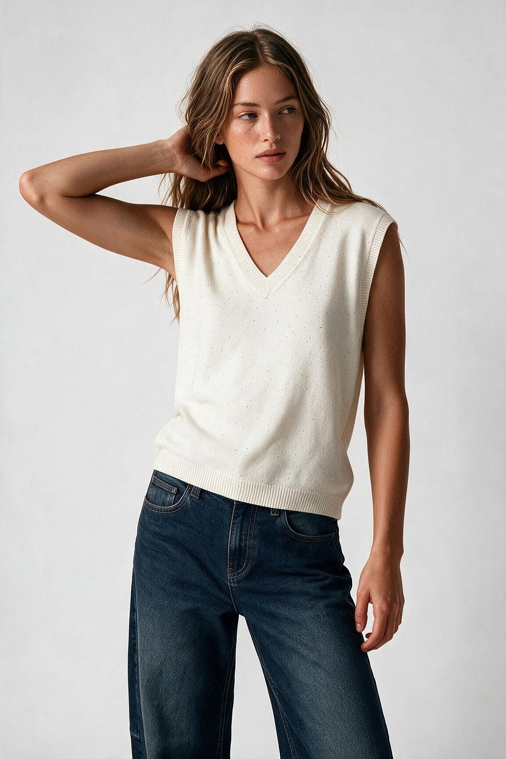 Cream Flecked Fine Knit V Neck Sleeveless Vest with sequin embellished - Tops